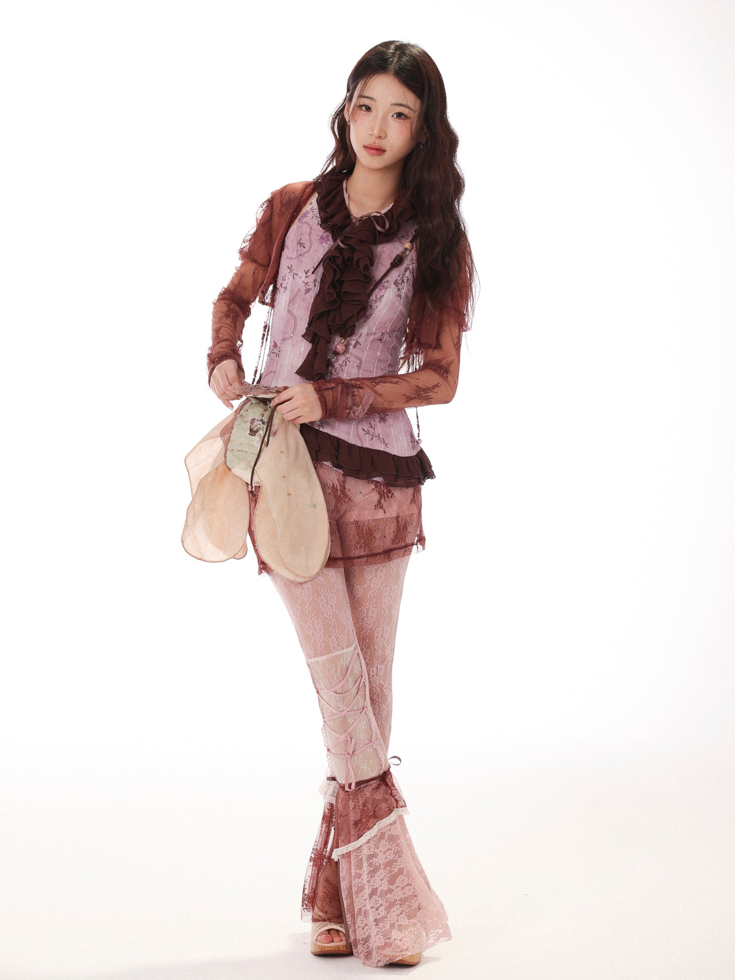 [Rose Island] Irregular Patchwork Lace Mesh Flared Pants Vintage Style Brown Version