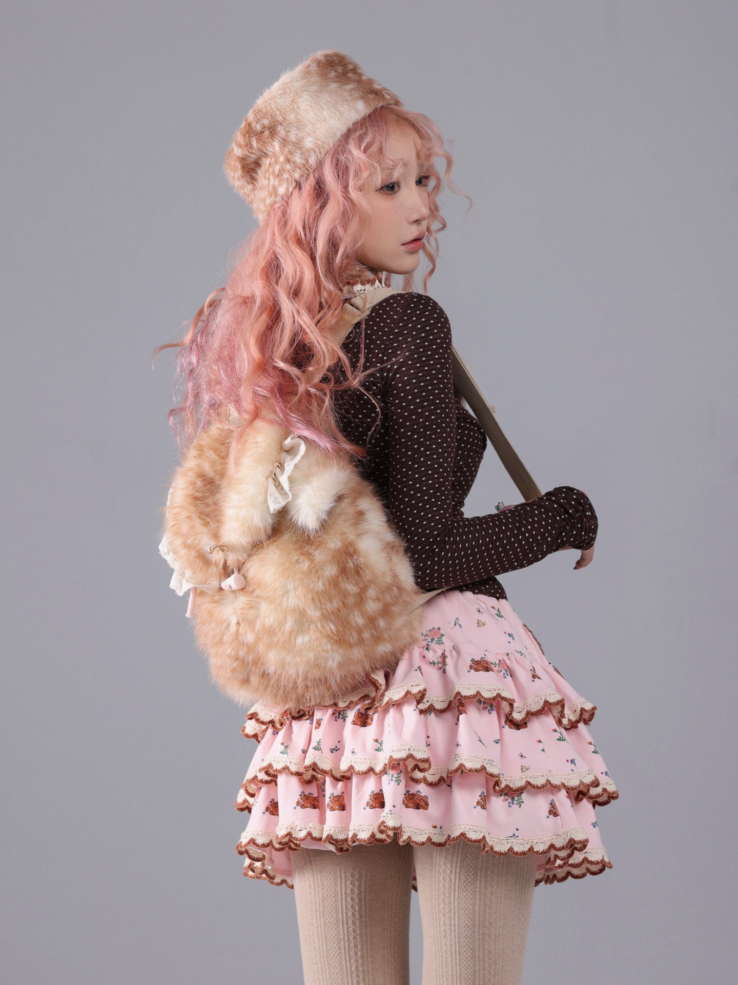 ROSE ISLAND Deer Print Layered Irregular Cake Skirt Mini Skirt with Fleece Safety Shorts