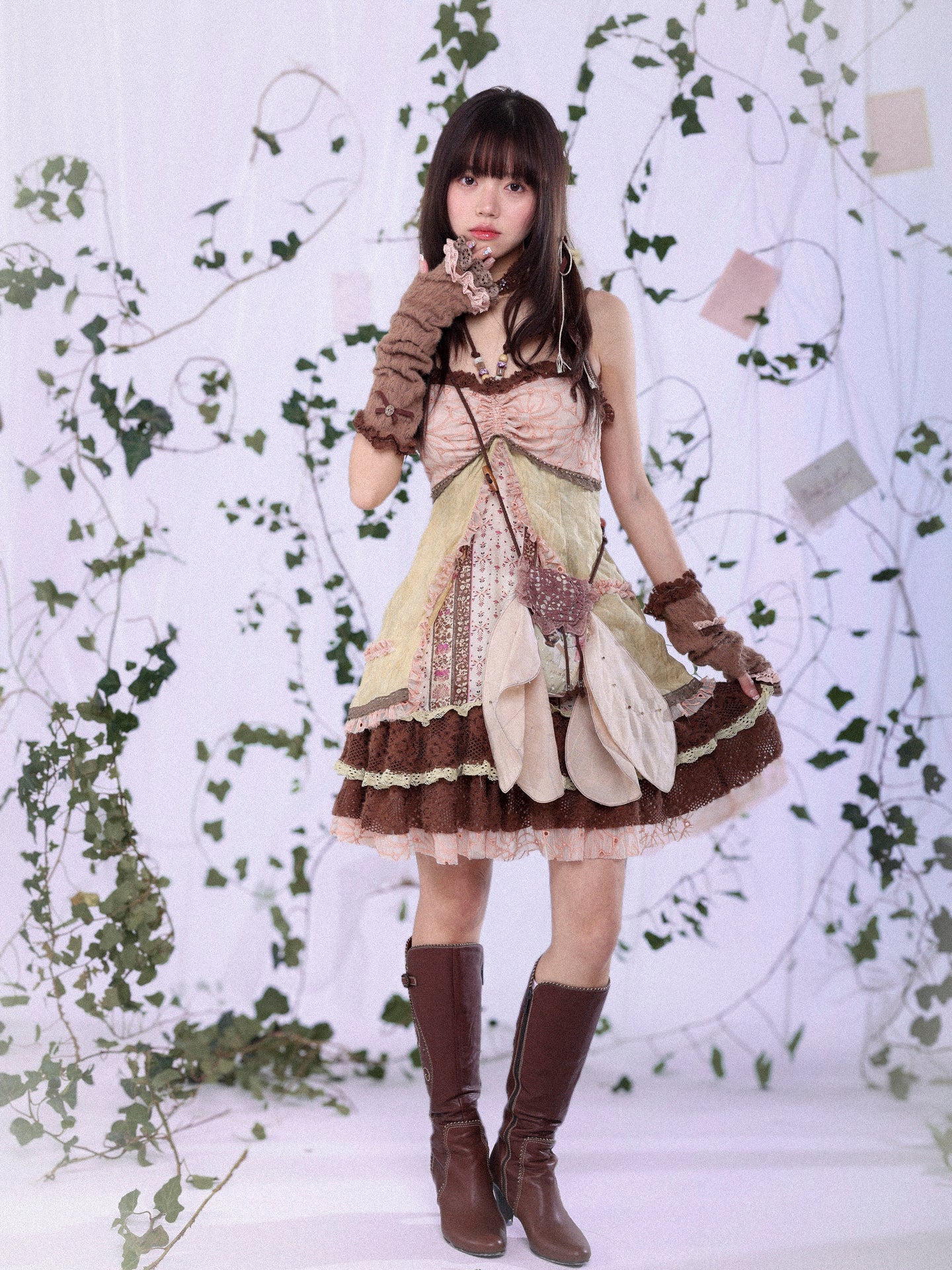 ROSE ISLAND Fairycore Sprout Spring Crystal Beaded Button-Up Elf-Inspired Fitted Dress