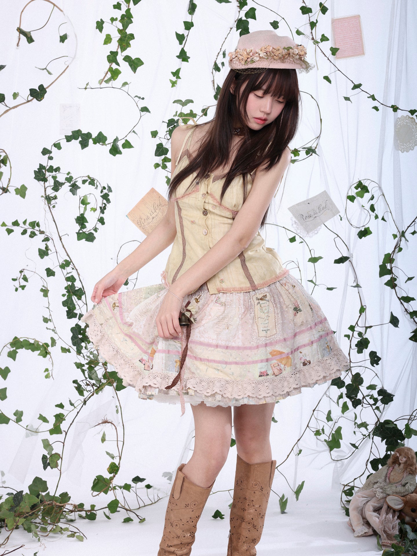 Rosé Isle Little Island Postman Retro Print Patchwork Design Lace Trim Decorated Skirt