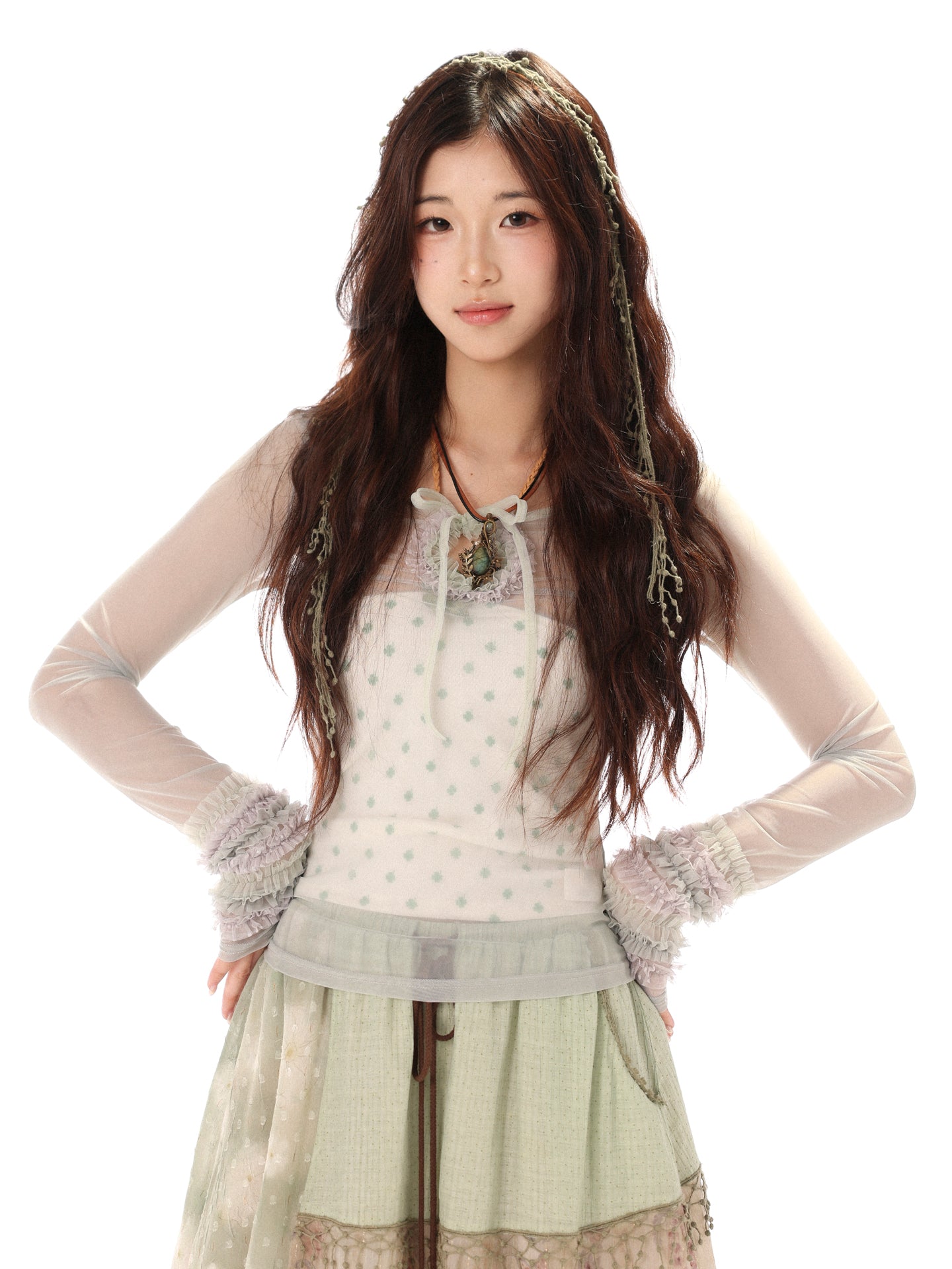 [Rose Island] Layer upon layer of islands, color-blocked ruffled edges, elastic layered double-color base shirt, light and transparent feel layered inside and out