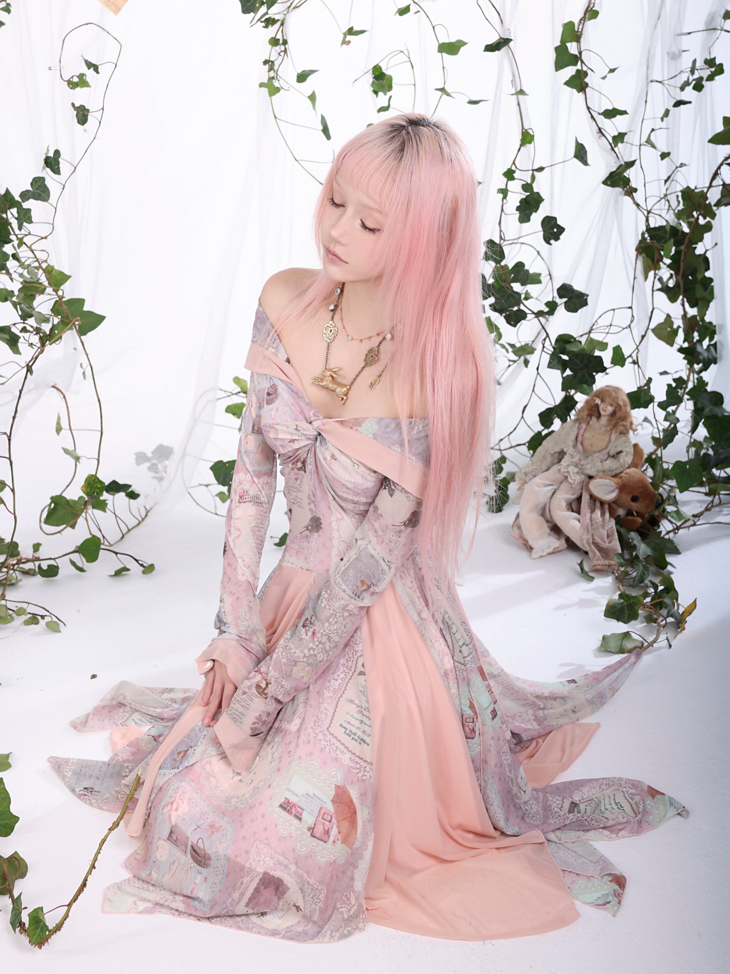 Rosé Isle Old-Time Letter Vintage Print Stretch Mesh Dress Off-Shoulder Irregular Spliced Hem