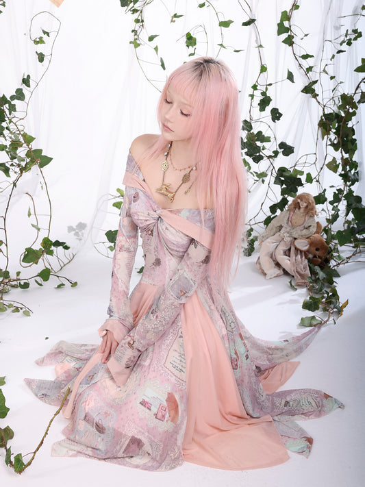 Rosé Isle Old-Time Letter Vintage Print Stretch Mesh Dress Off-Shoulder Irregular Spliced Hem