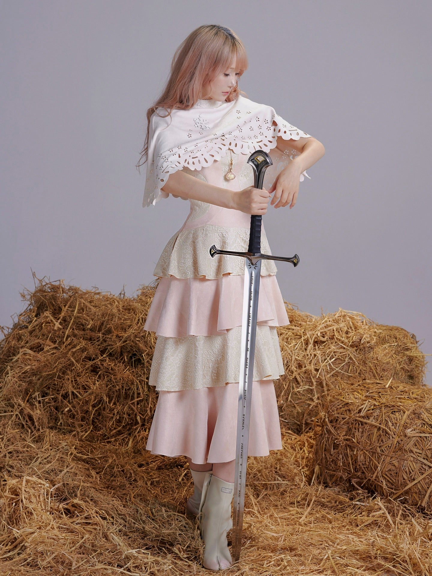 Rose Island Twin Sheep Irregular Suede Patchwork Lace Autumn and Winter Puff Sleeve Dress