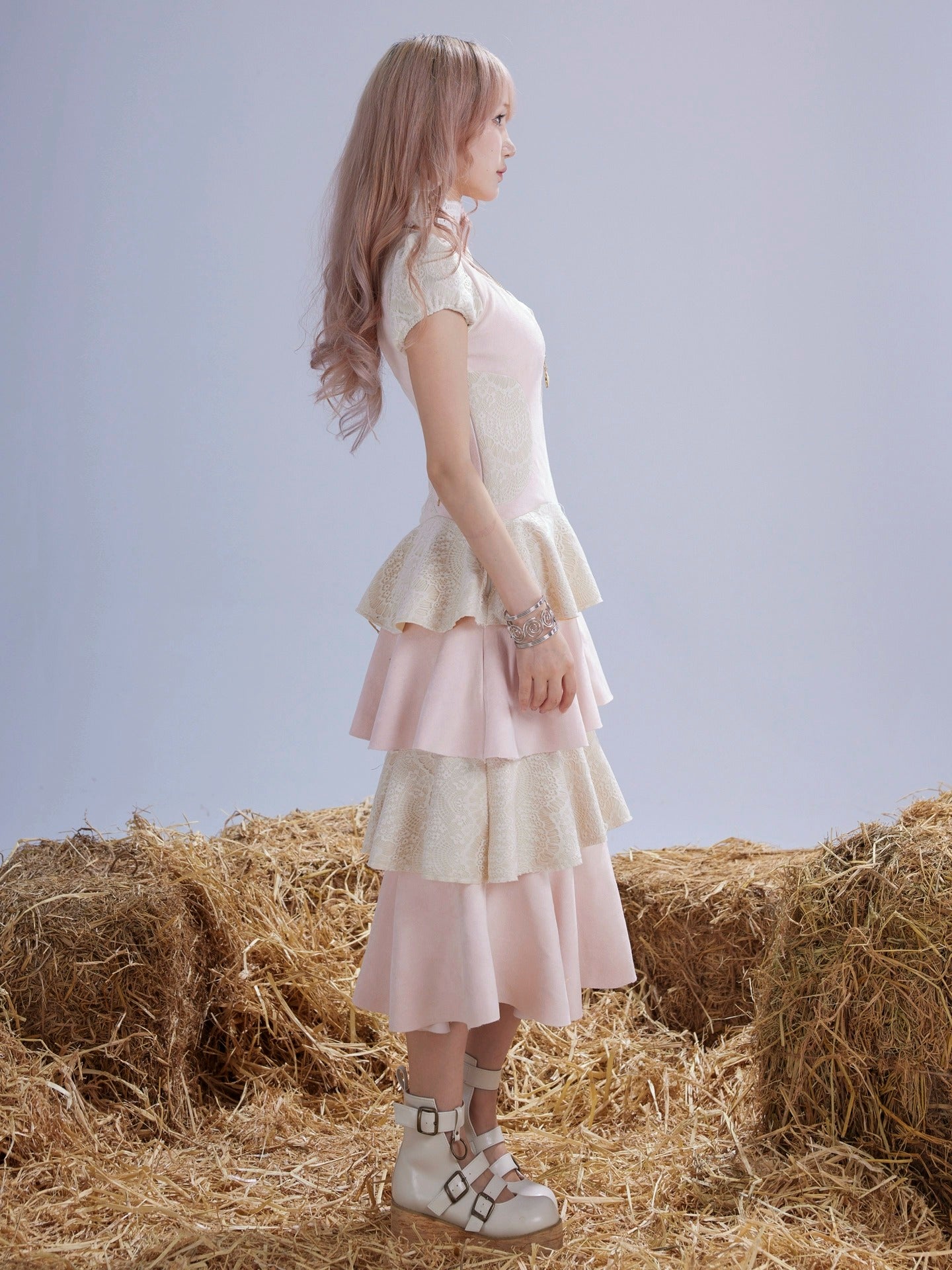 Rose Island Twin Sheep Irregular Suede Patchwork Lace Autumn and Winter Puff Sleeve Dress