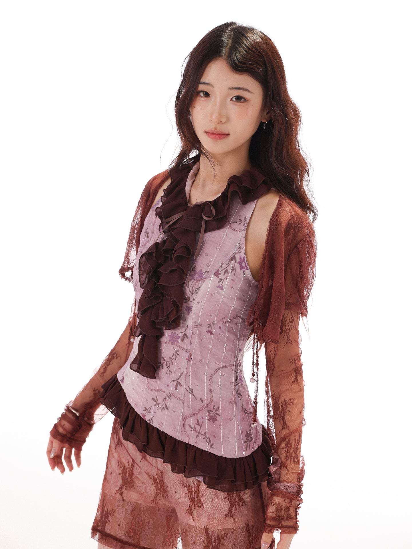 [Rose Island] Shiny Floral Halter Ruffle Edge V-Neck Retro Sweet Waist-Cinching Off-Shoulder Top