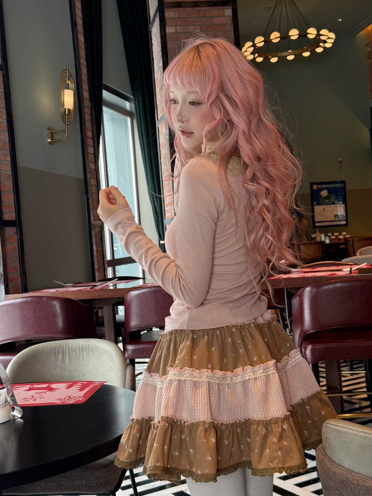 ROSE ISLAND Strawberry Cocoa Forest Style Corduroy Paneled Skirt