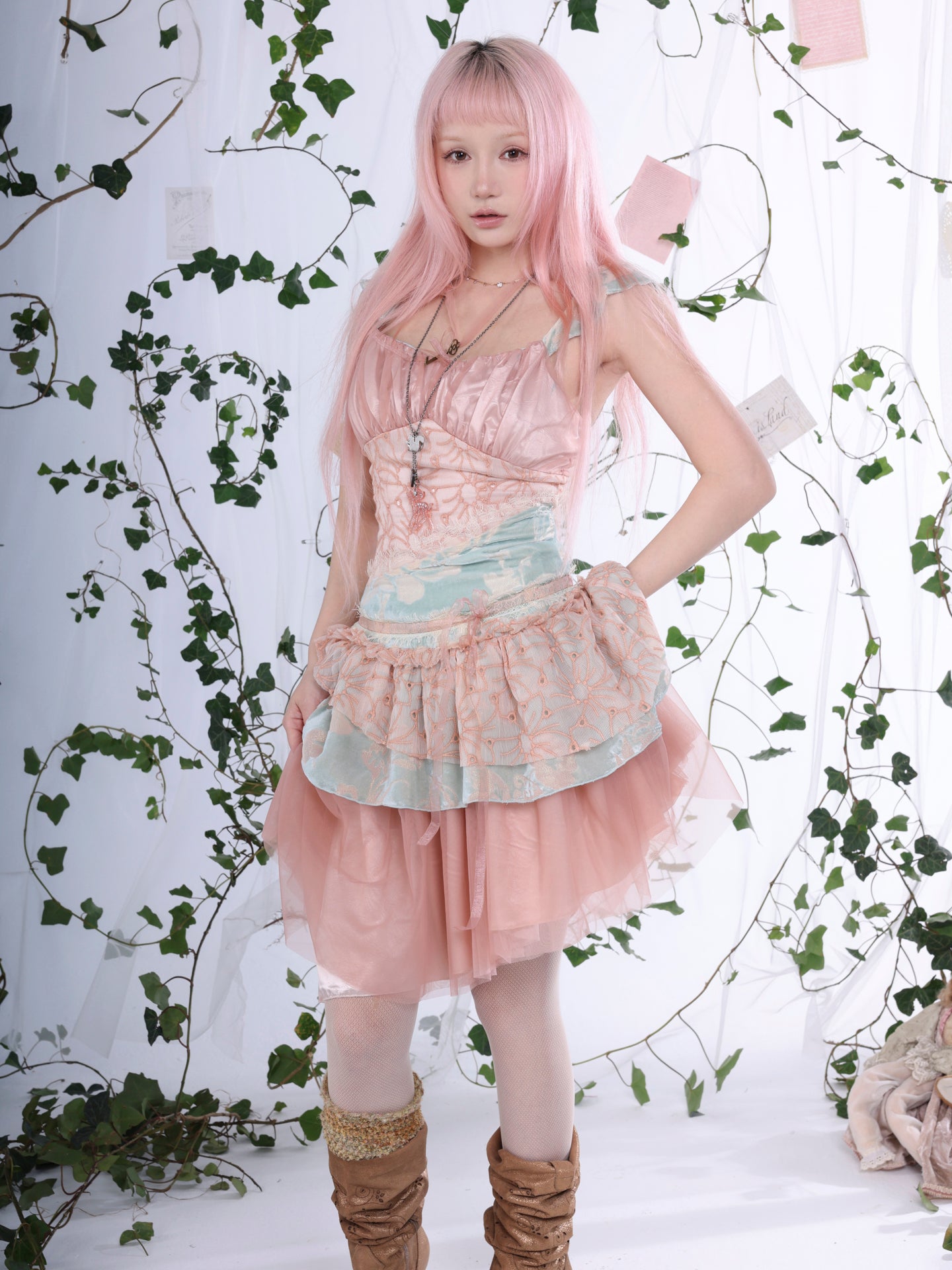 Rosé Isle Kingfisher Dream Color-Block Lace Silk Flocked Multi-Layer Irregular Cake Dress