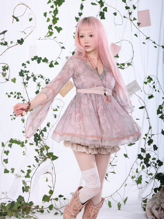 Rosé Isle Twinkling Light Hand-sewn Bead Placement Butterfly Sleeve Top with Short Skirt