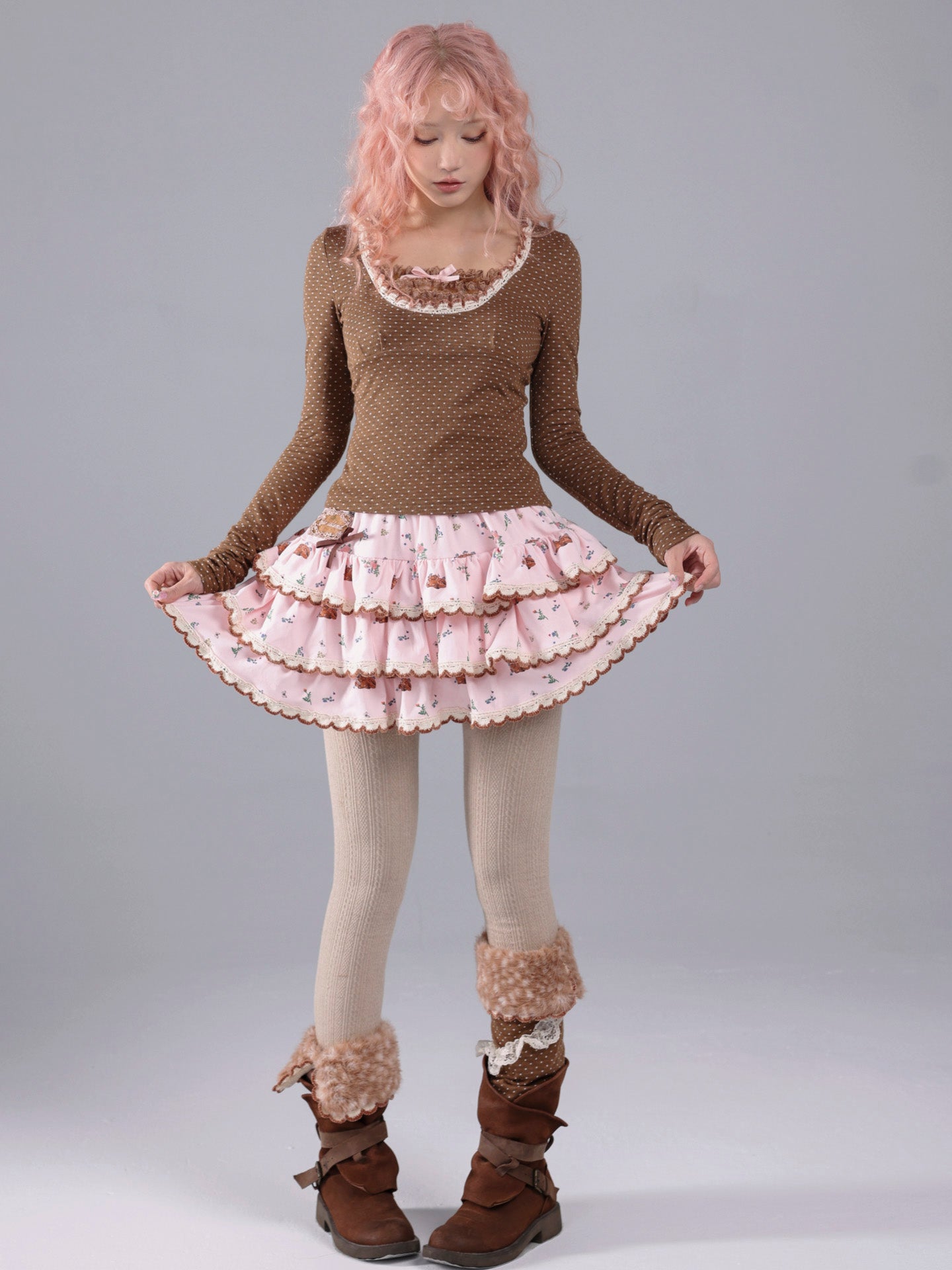 ROSE ISLAND Brown Polka Dot Knit Lace Splice Long-Sleeve Base Shirt for Autumn and Winter