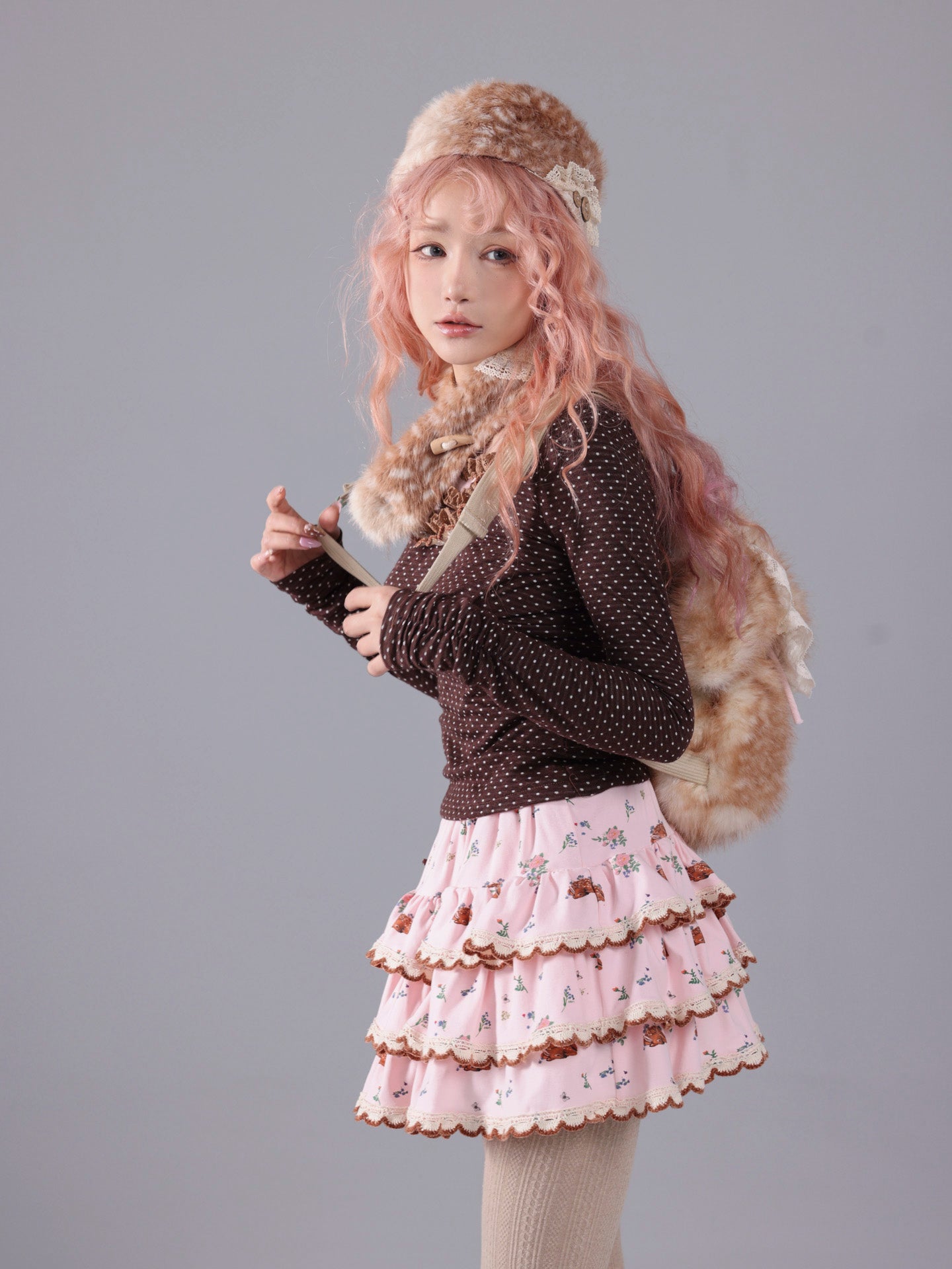 ROSE ISLAND Brown Polka Dot Knit Lace Splice Long-Sleeve Base Shirt for Autumn and Winter