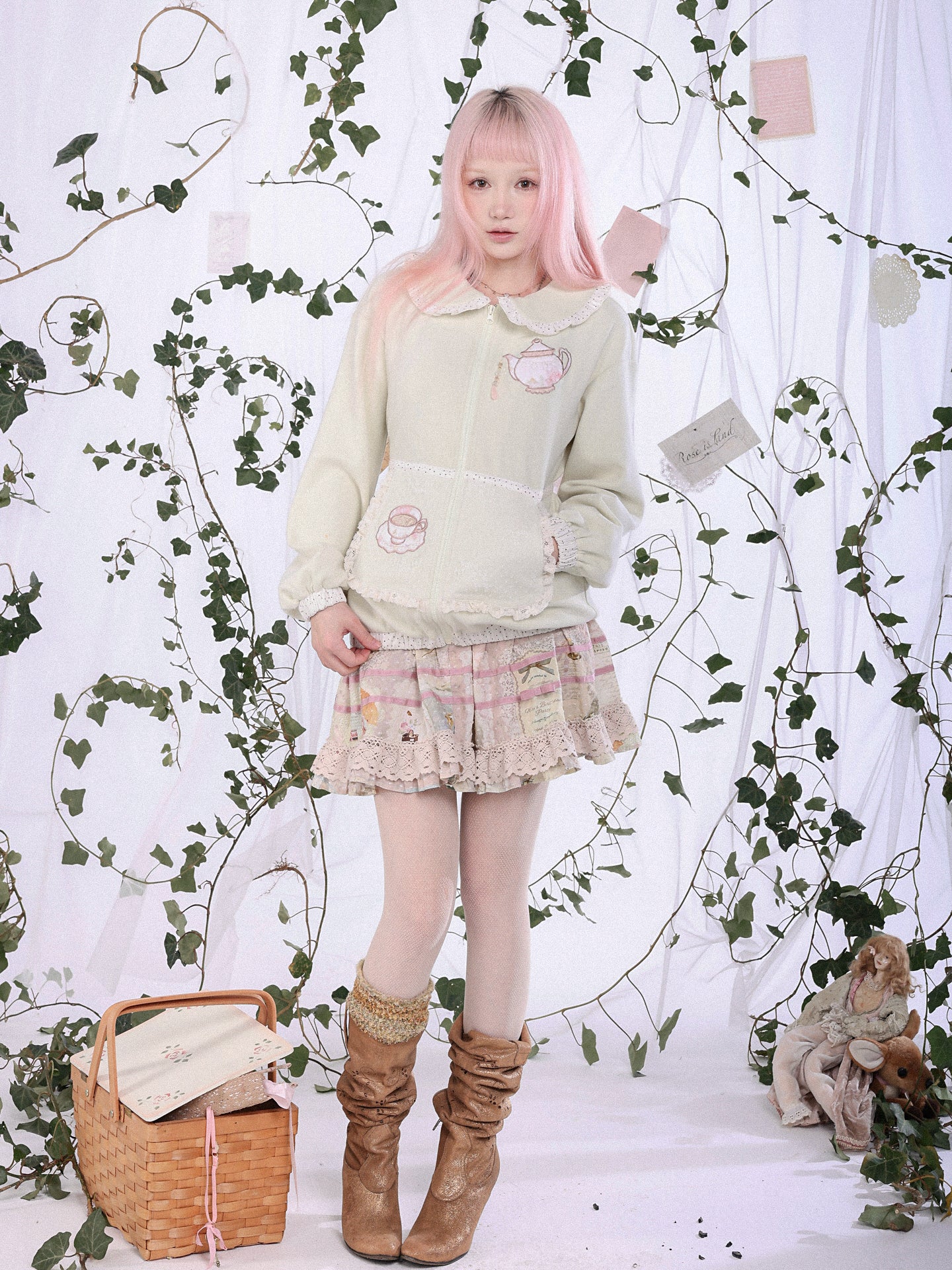 ROSE ISLAND Bubble Teapot Fake Apron Pocket Design Sense Loose Comfortable Doll Collar Cardigan Sweatshirt Jacket,matcha