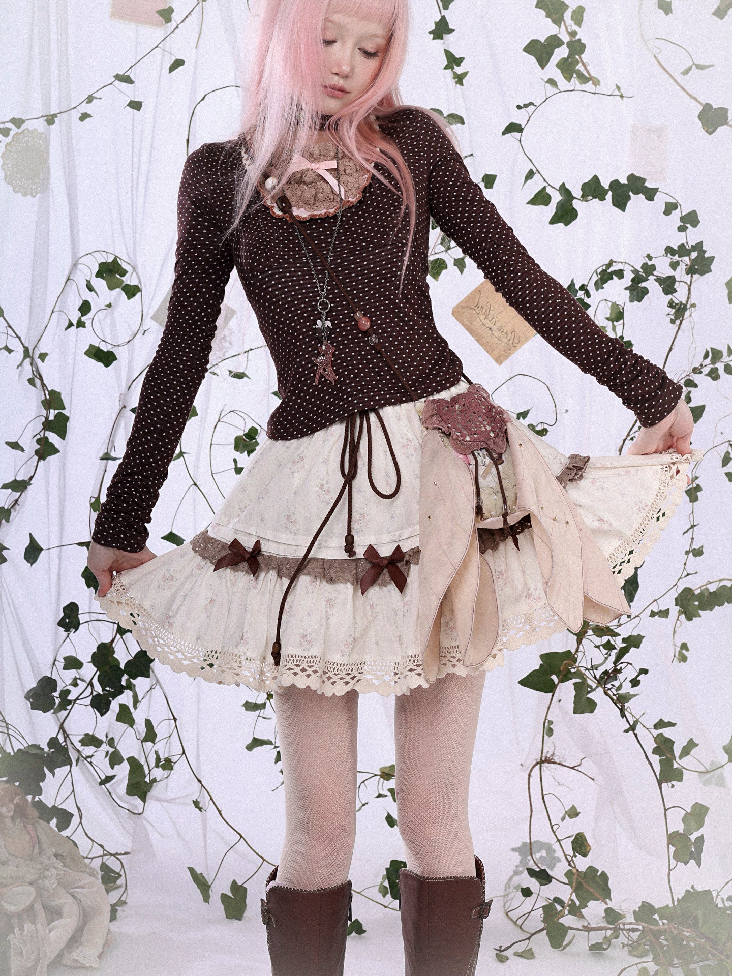 ROSE ISLAND Autumn Bouquet Forest-style Lace Floral Print Cotton Skirt Anti-Exposure Bloomers