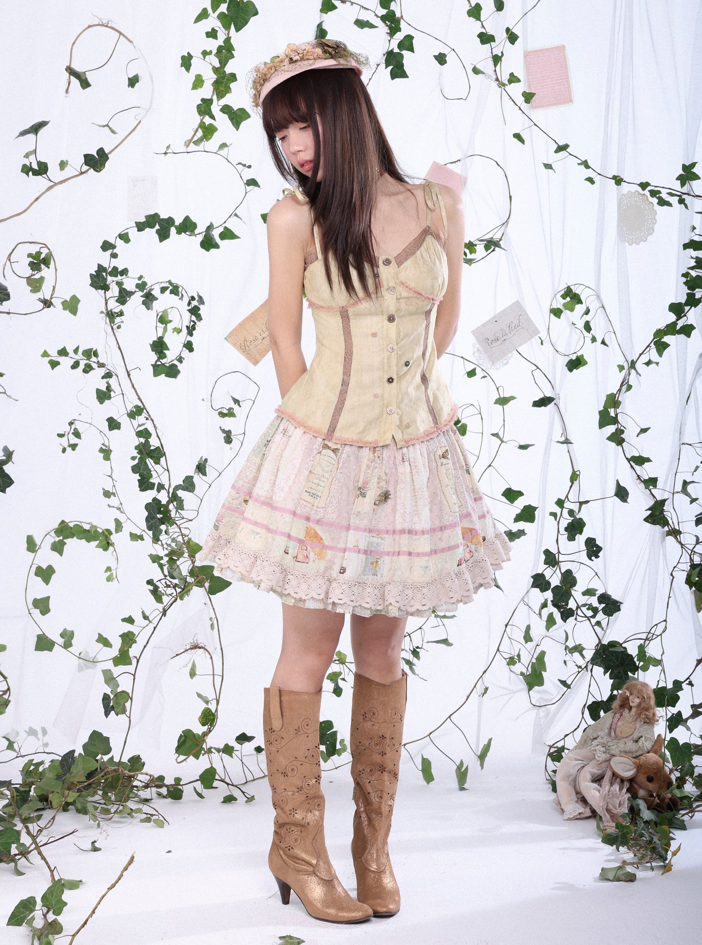 Rosé Isle Little Island Postman Retro Print Patchwork Design Lace Trim Decorated Skirt