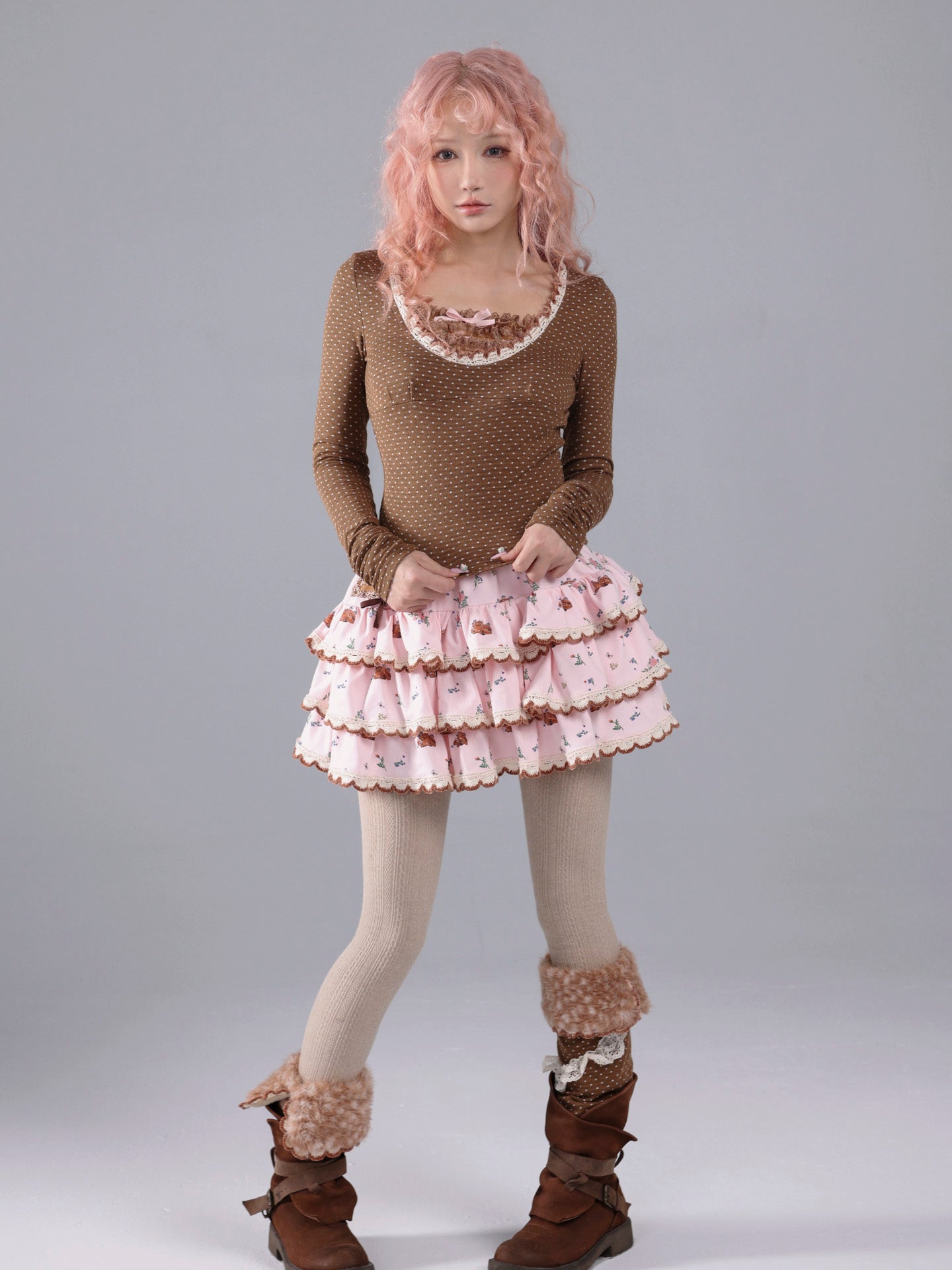 ROSE ISLAND Brown Polka Dot Knit Lace Splice Long-Sleeve Base Shirt for Autumn and Winter