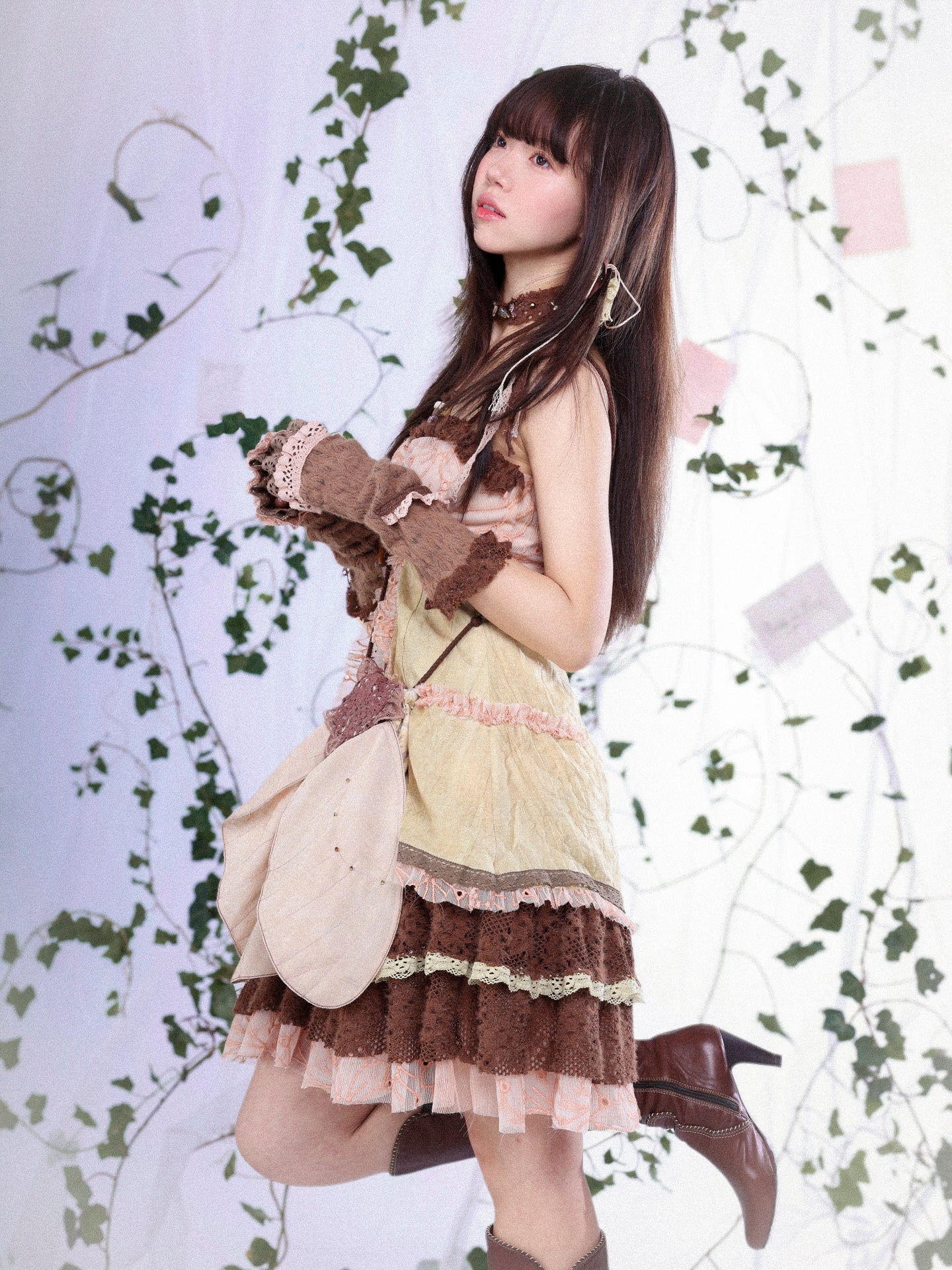 ROSE ISLAND Fairycore Sprout Spring Crystal Beaded Button-Up Elf-Inspired Fitted Dress