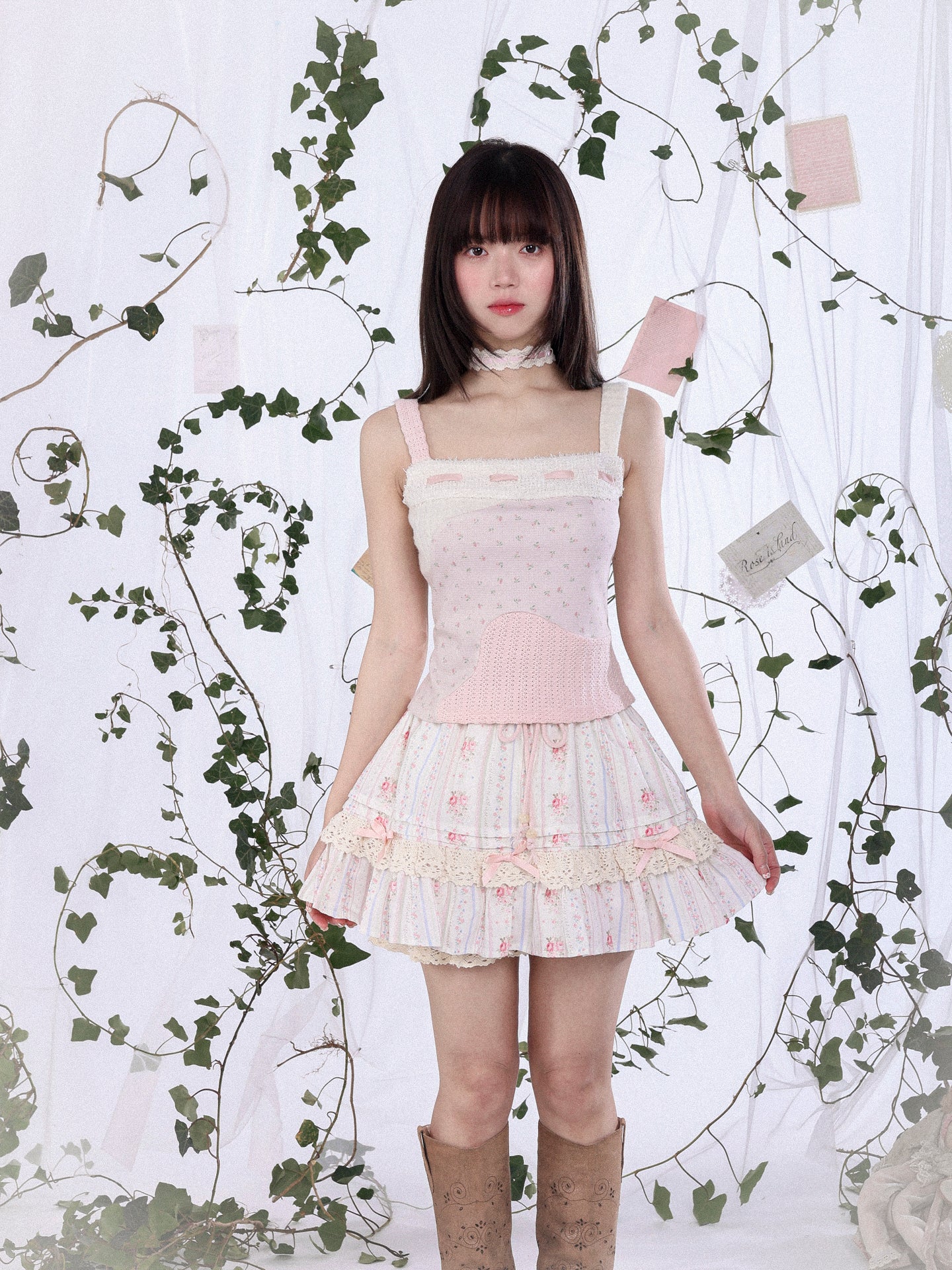 ROSE ISLAND Spring Bouquet Forest-Style Lace Floral Print Cotton Skirt Anti-Exposure Bloomers
