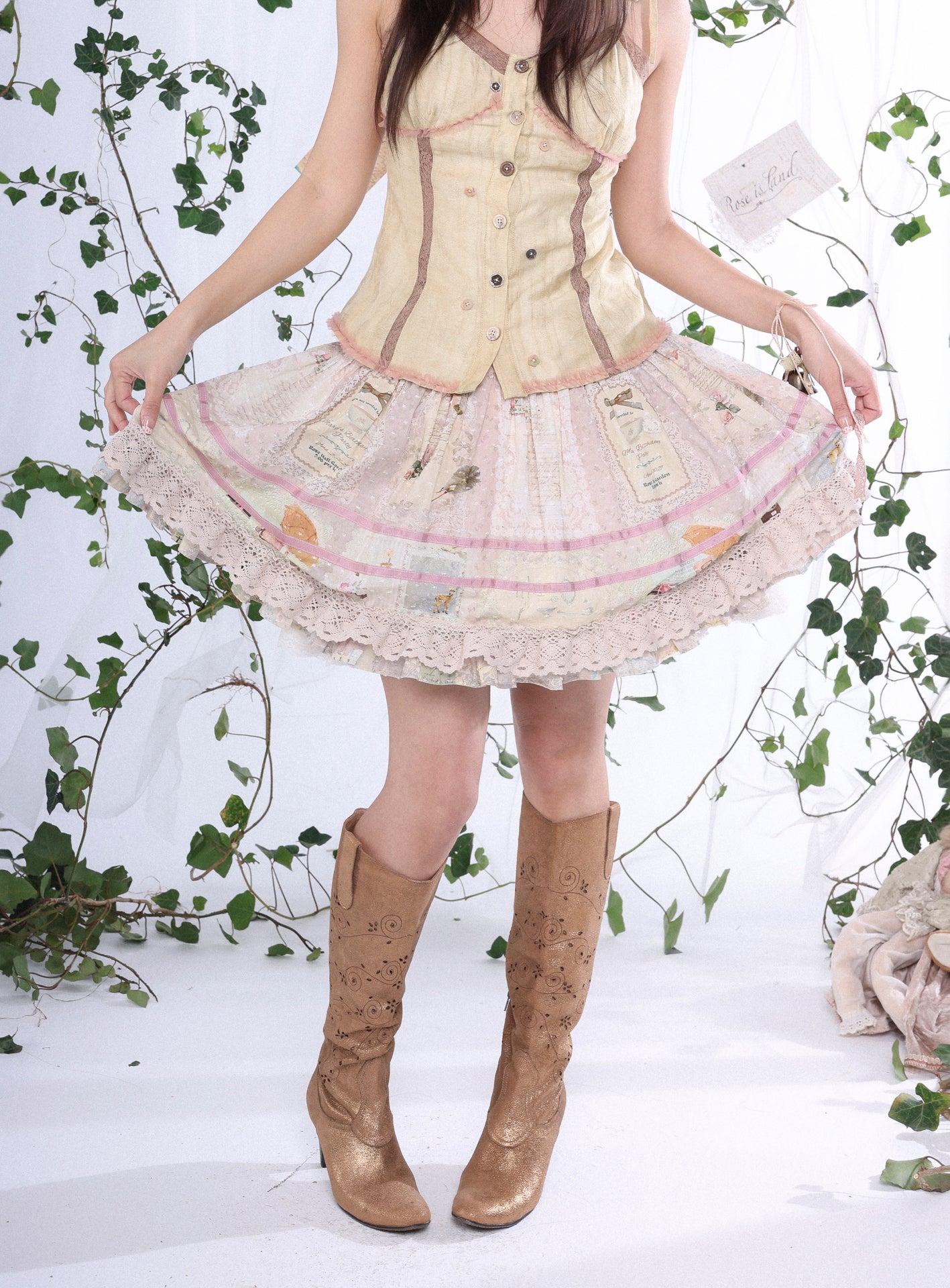 Rosé Isle Little Island Postman Retro Print Patchwork Design Lace Trim Decorated Skirt