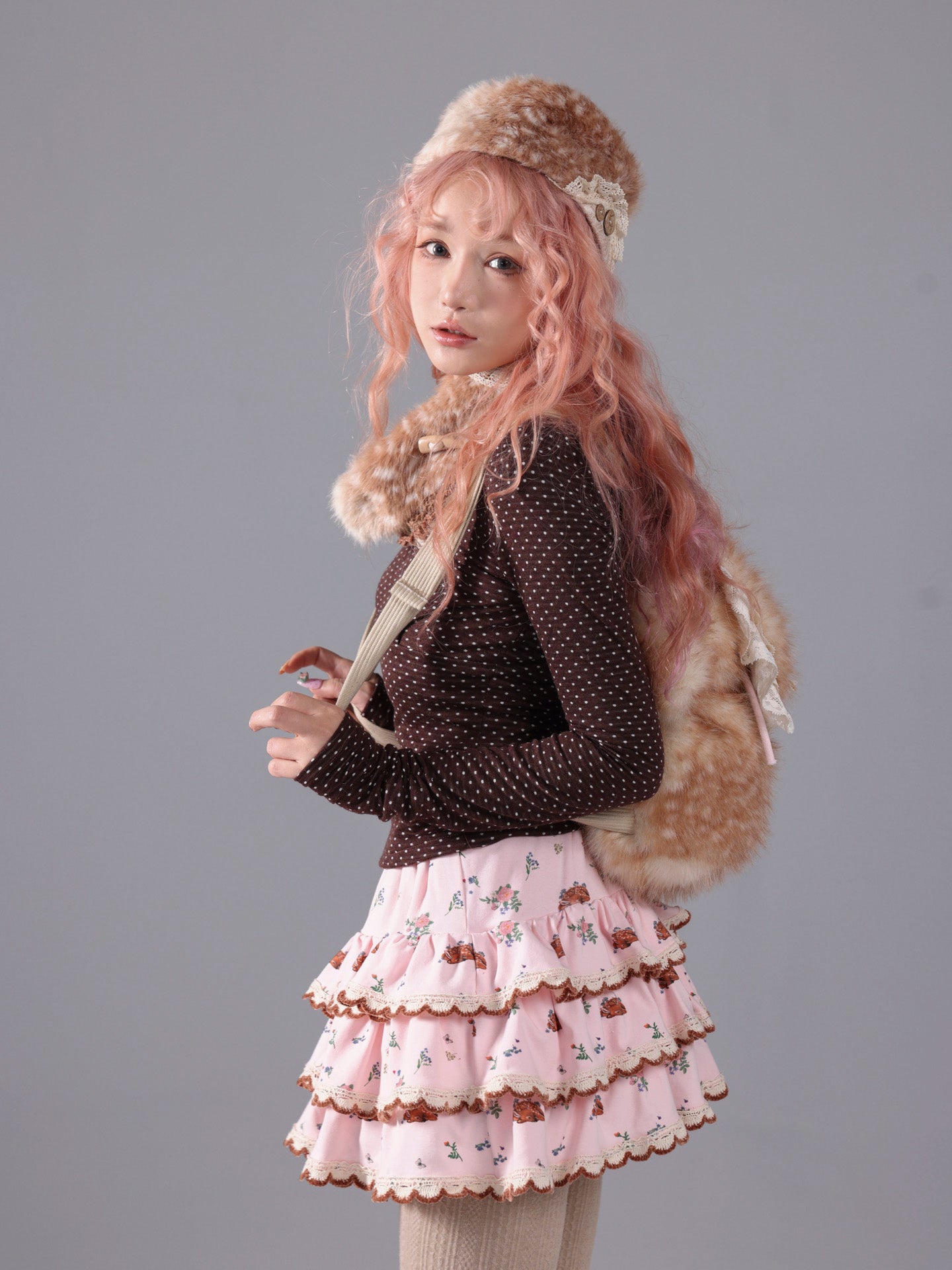 ROSE ISLAND Brown Polka Dot Knit Lace Splice Long-Sleeve Base Shirt for Autumn and Winter