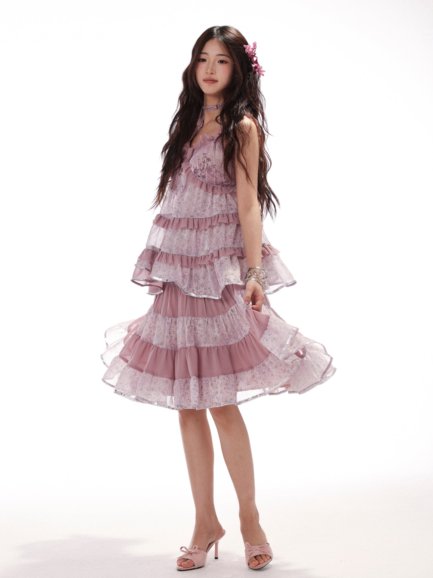 [ROSE ISLAND] Ziyanghua Section Floral Chiffon A-Line Large Swing Panel Spliced Sequin Skirt