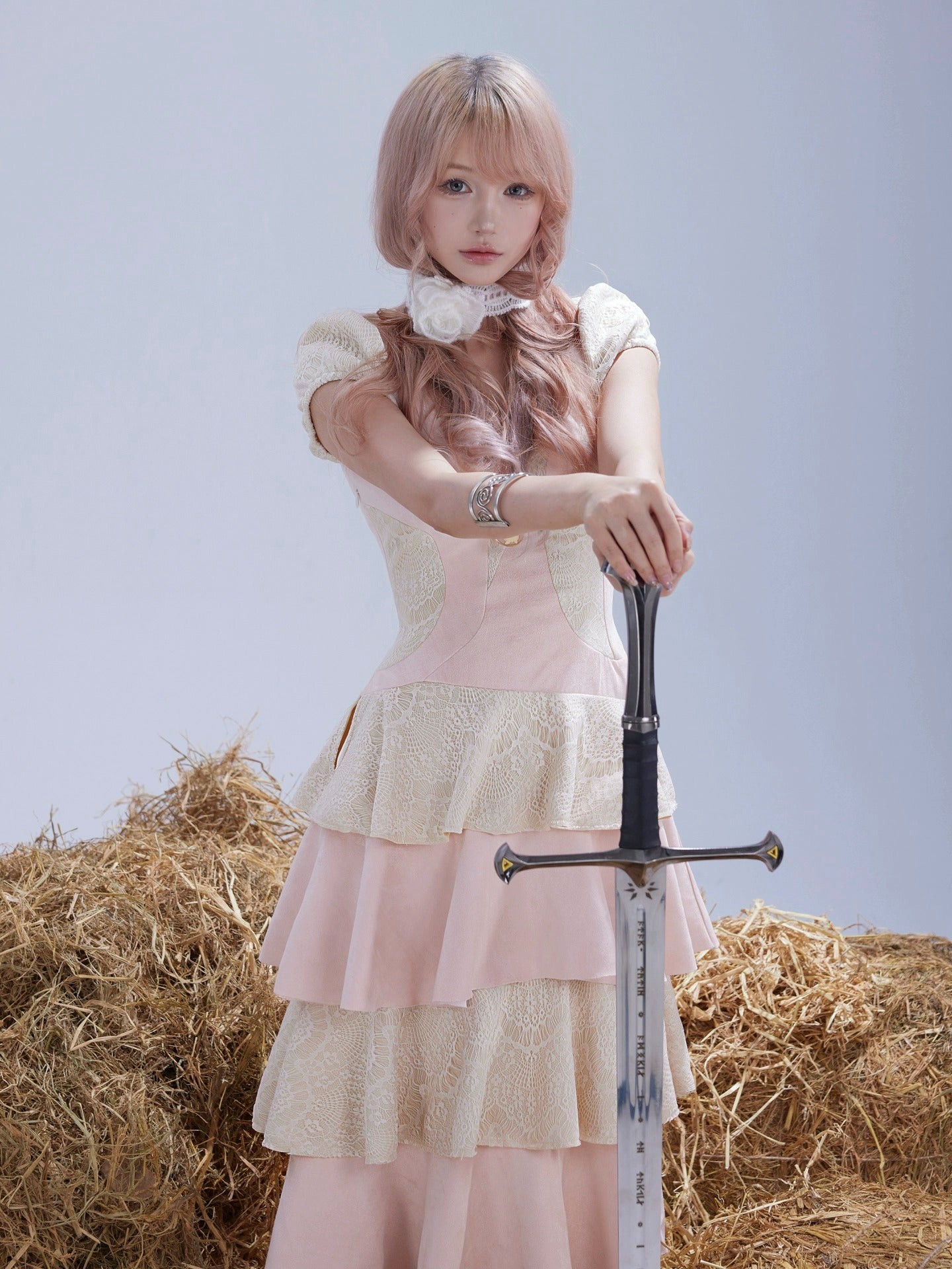 Rose Island Twin Sheep Irregular Suede Patchwork Lace Autumn and Winter Puff Sleeve Dress