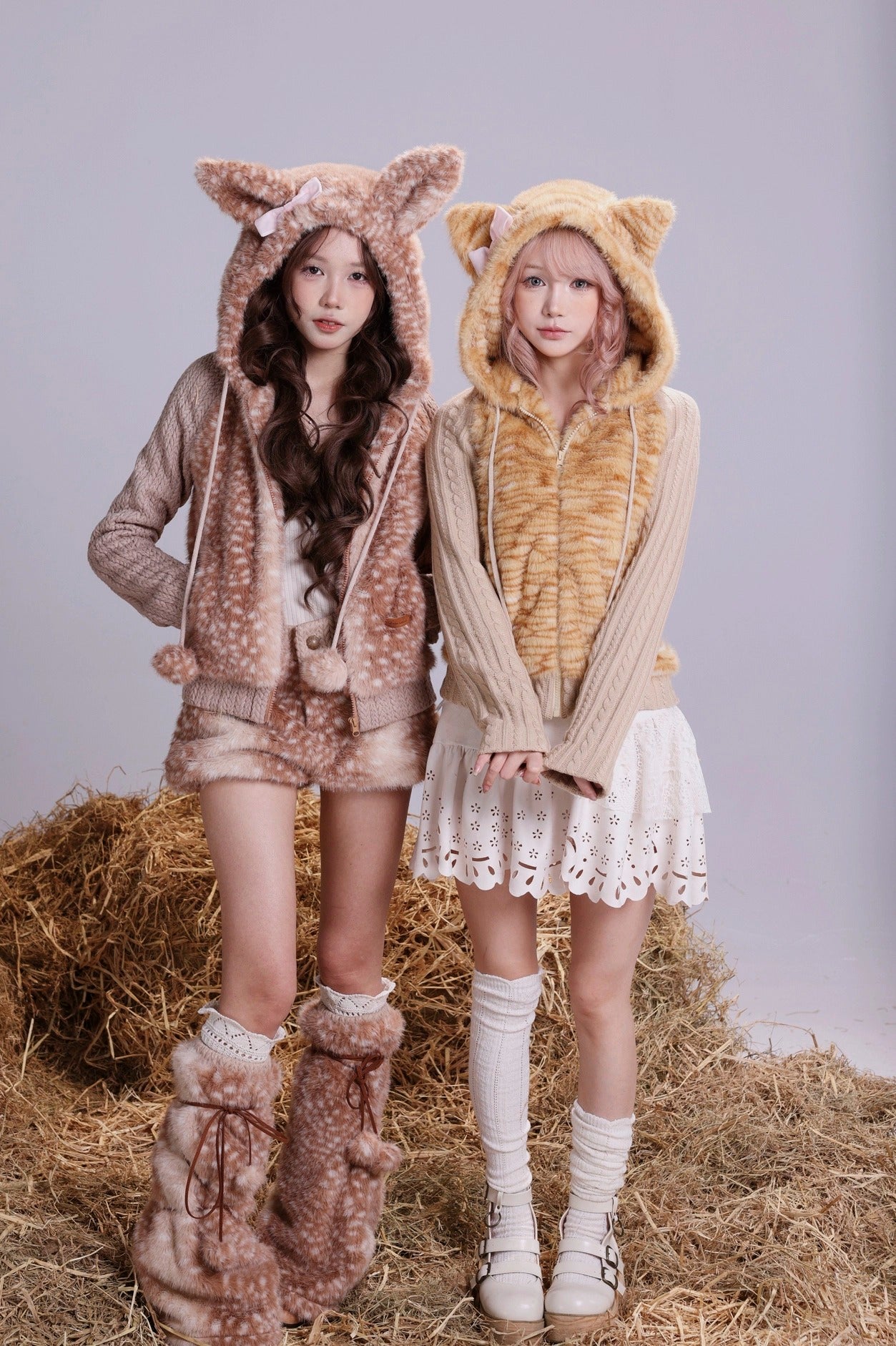 Rose Island warm orange tabby fur patchwork knitted slim-fit hooded jacket, cute and unique original design