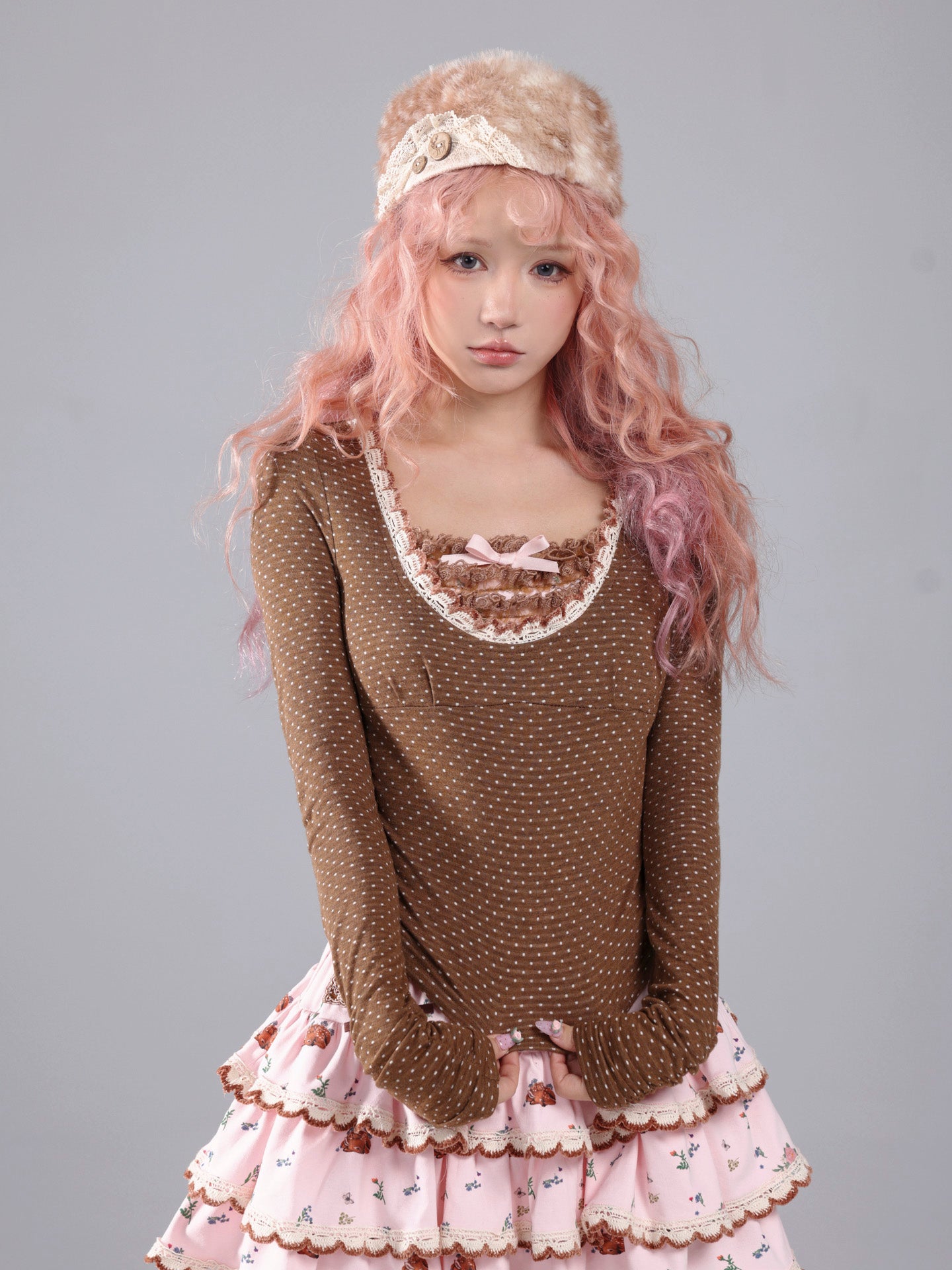 ROSE ISLAND Brown Polka Dot Knit Lace Splice Long-Sleeve Base Shirt for Autumn and Winter