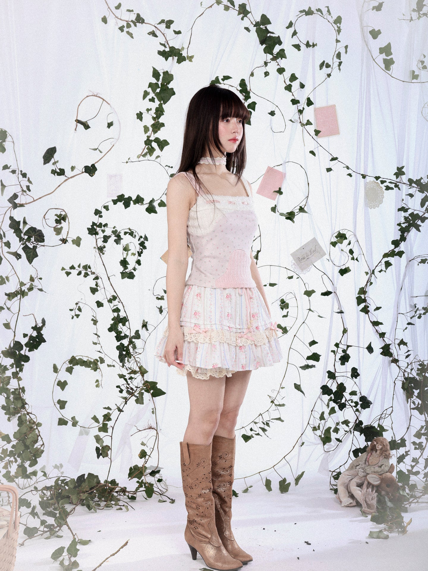 ROSE ISLAND Spring Bouquet Forest-Style Lace Floral Print Cotton Skirt Anti-Exposure Bloomers