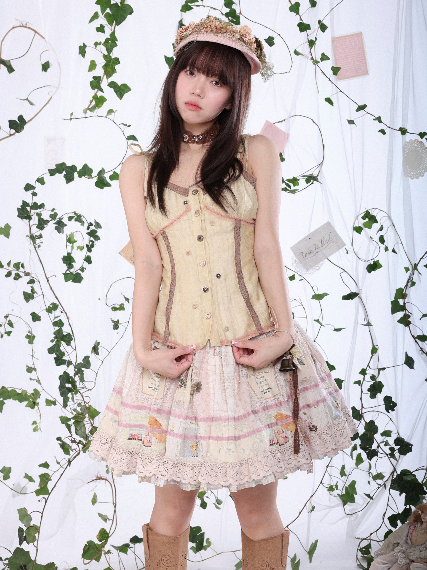 Rosé Isle Little Island Postman Retro Print Patchwork Design Lace Trim Decorated Skirt
