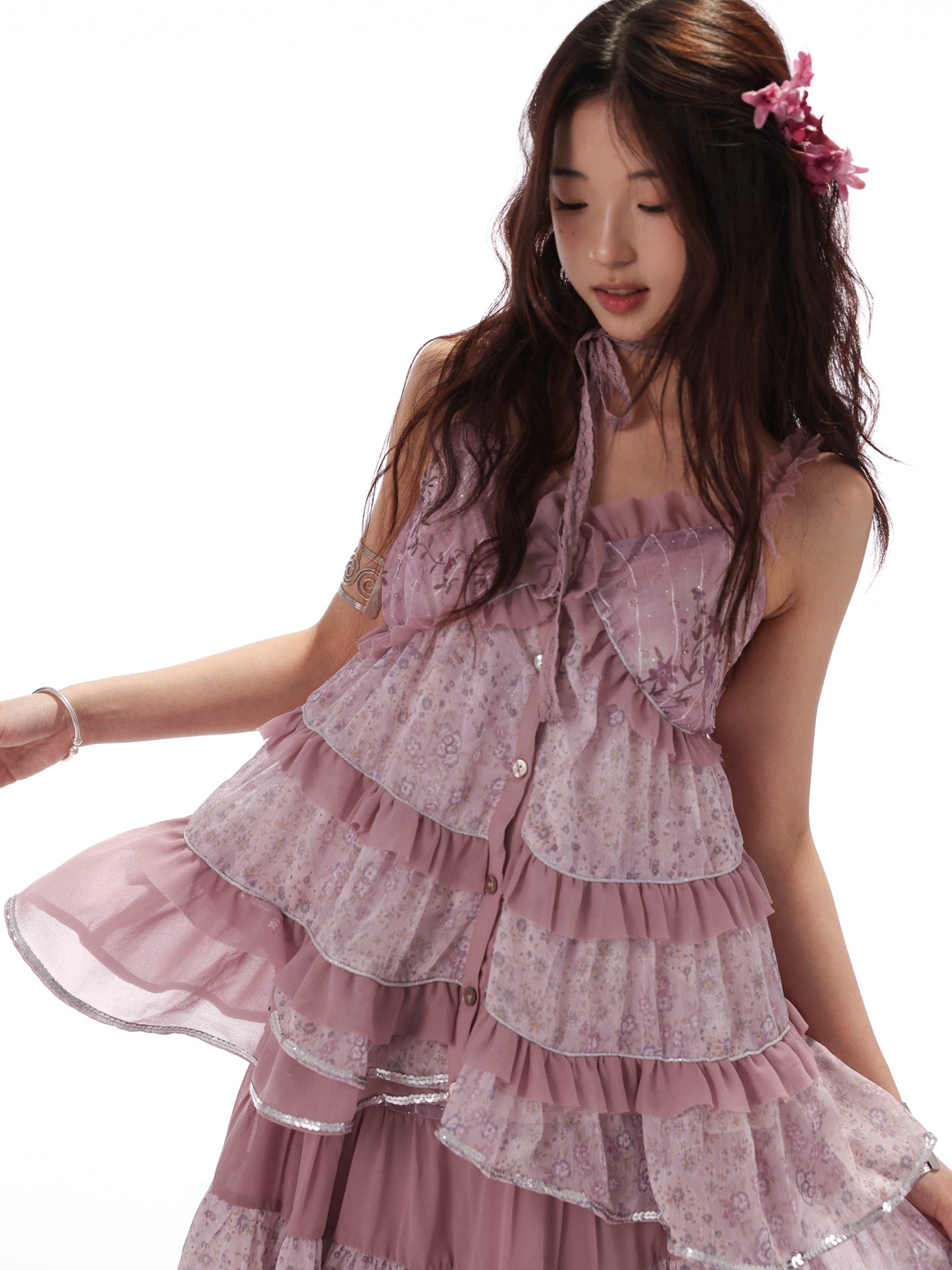 [ROSE ISLAND] Ziyanghua Section Floral Chiffon A-Line Large Swing Panel Spliced Sequin Top