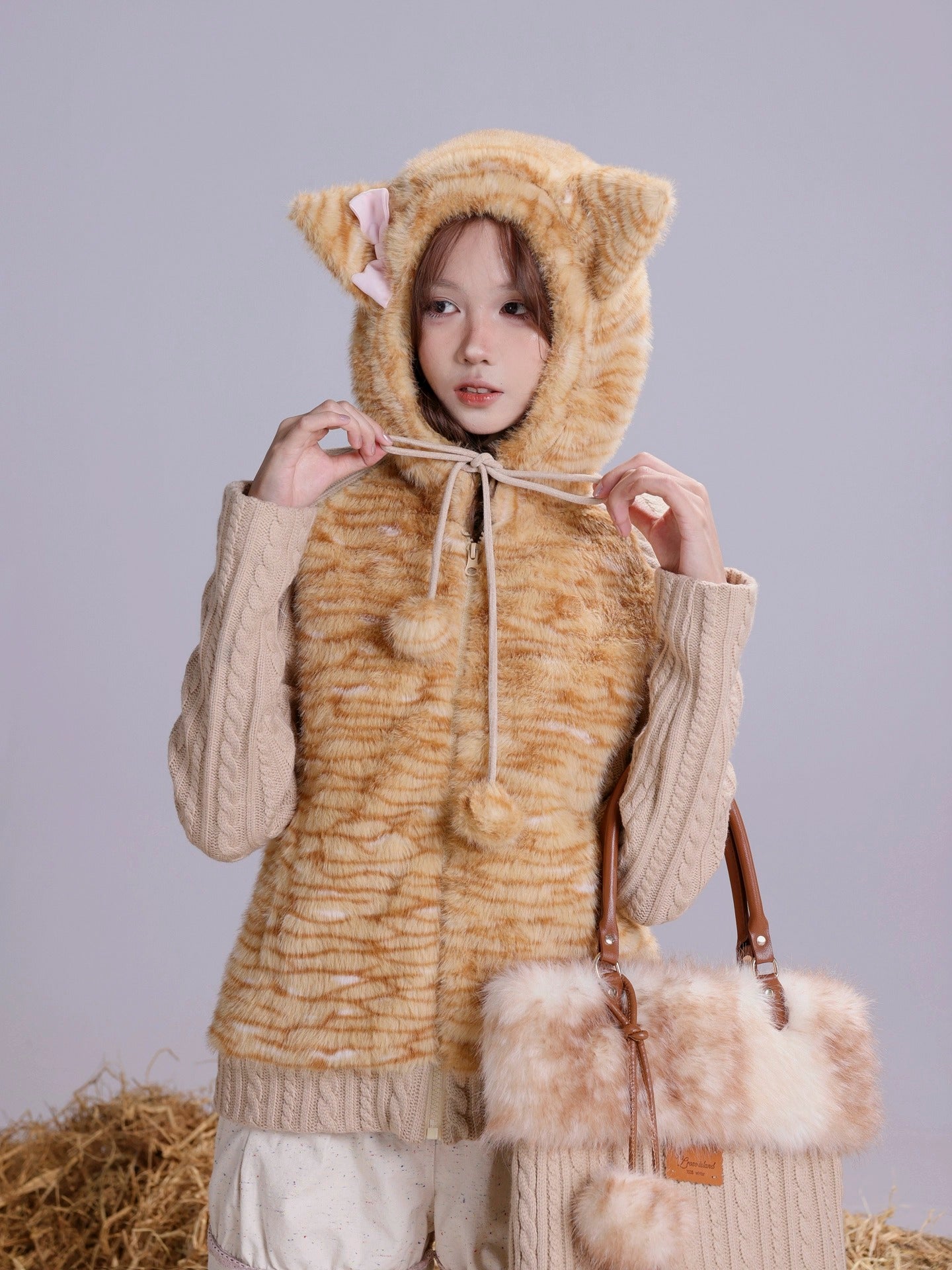 Rose Island warm orange tabby fur patchwork knitted slim-fit hooded jacket, cute and unique original design