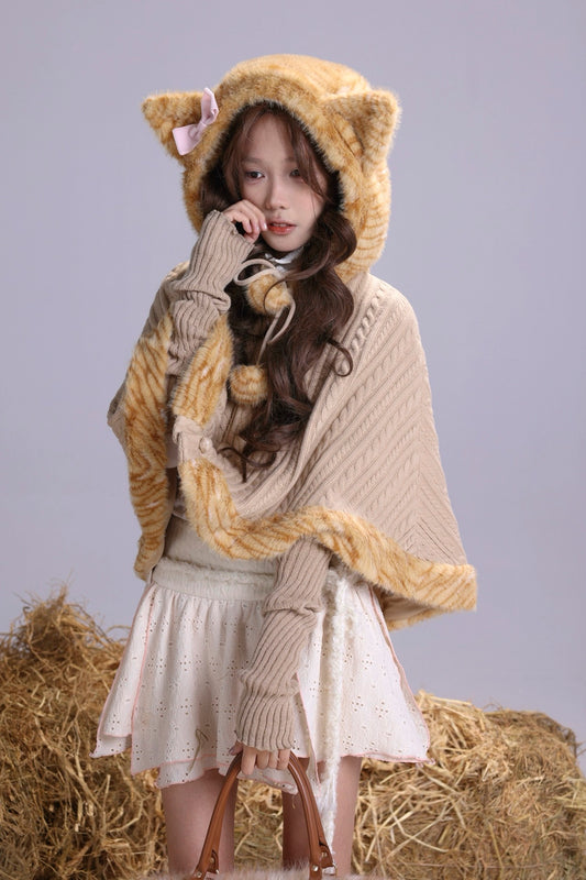 Rose Island Orange Cat Winter Fur-patch Knit Fleece-lined Versatile Forest-style Cape Exclusive Design