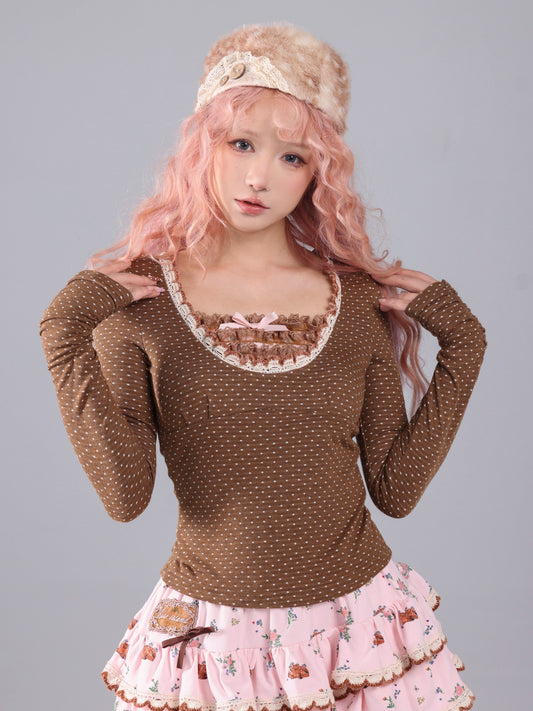ROSE ISLAND Brown Polka Dot Knit Lace Splice Long-Sleeve Base Shirt for Autumn and Winter