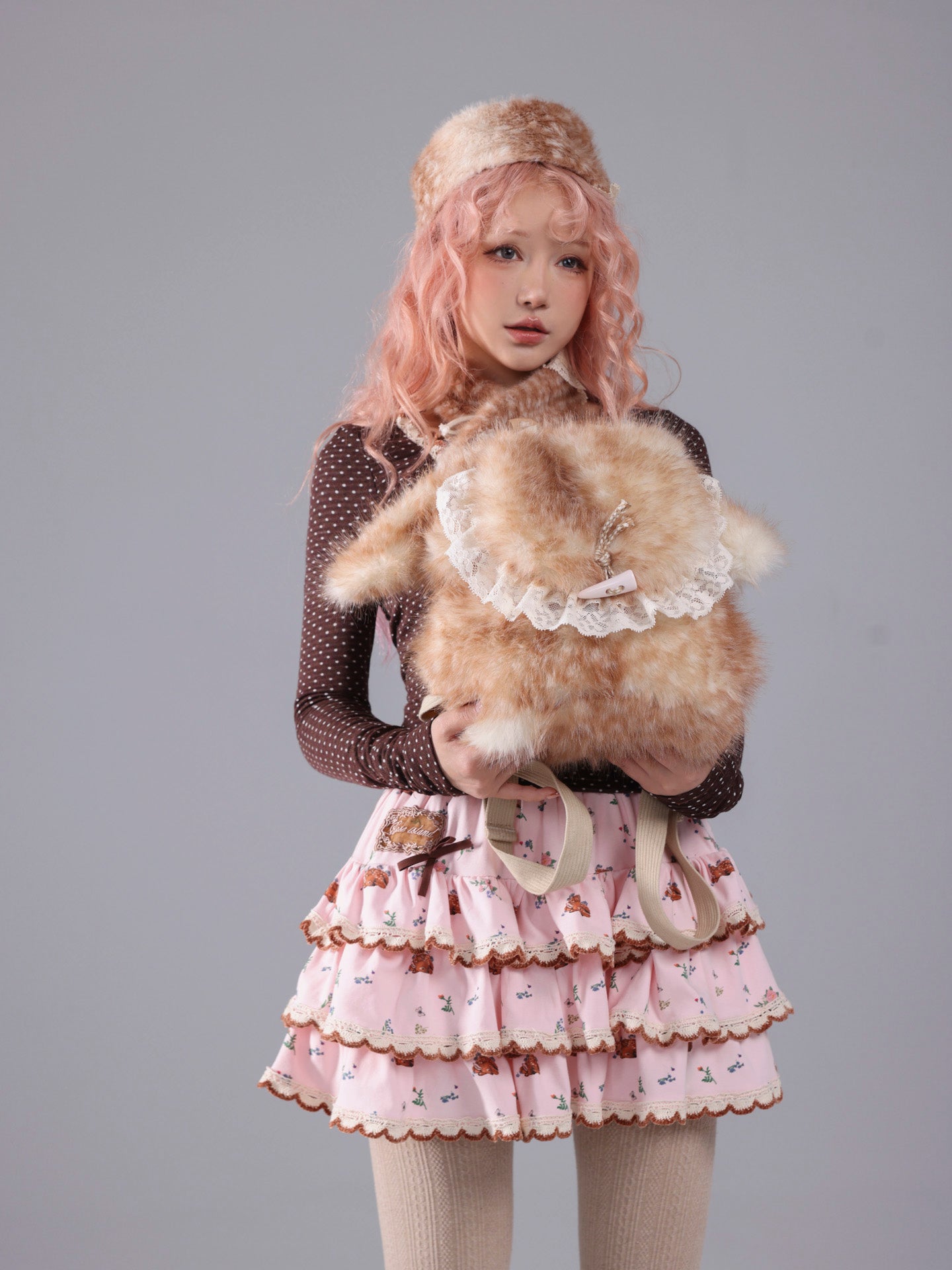 ROSE ISLAND Deer Print Layered Irregular Cake Skirt Mini Skirt with Fleece Safety Shorts