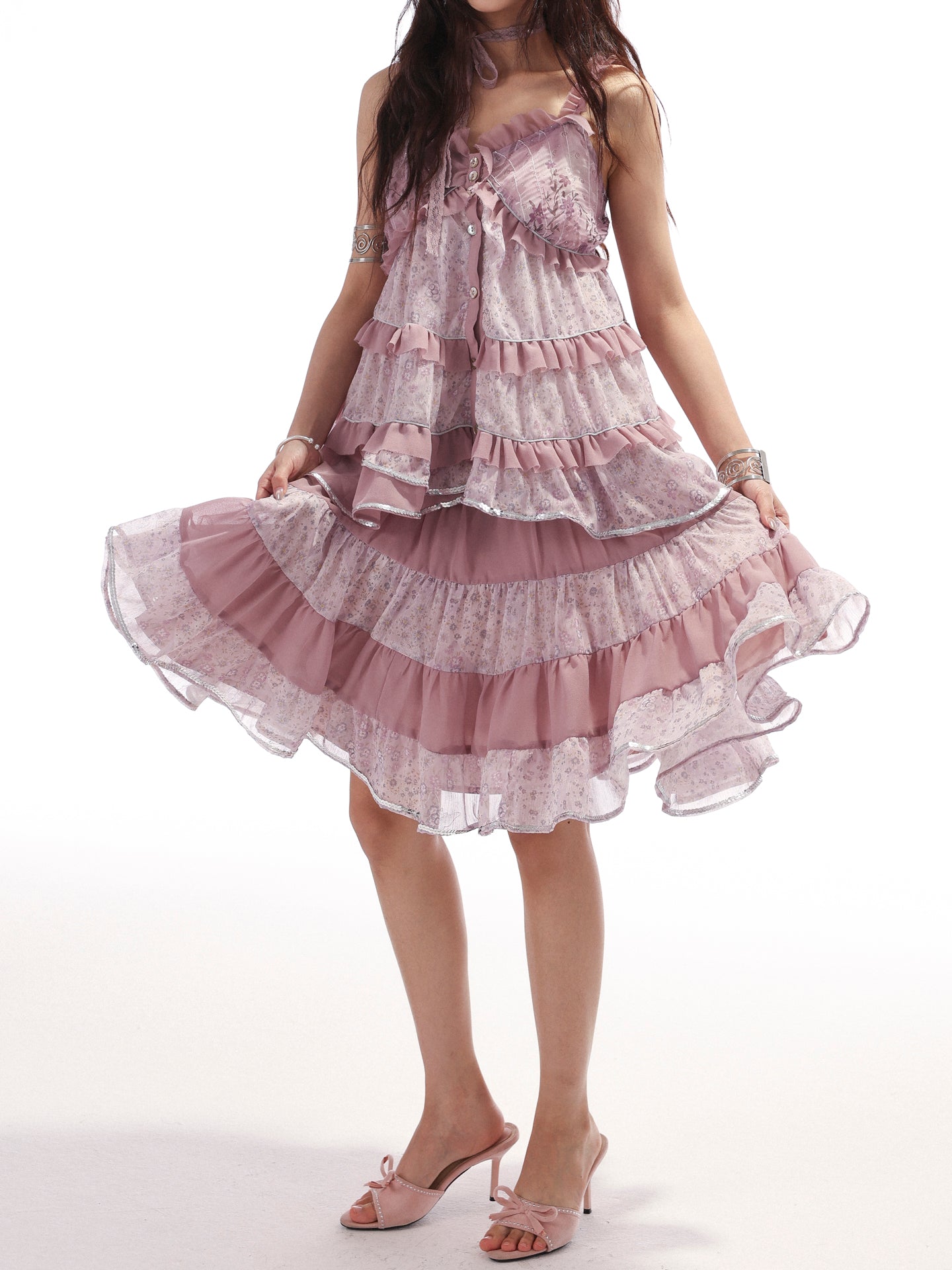 [ROSE ISLAND] Ziyanghua Section Floral Chiffon A-Line Large Swing Panel Spliced Sequin Skirt