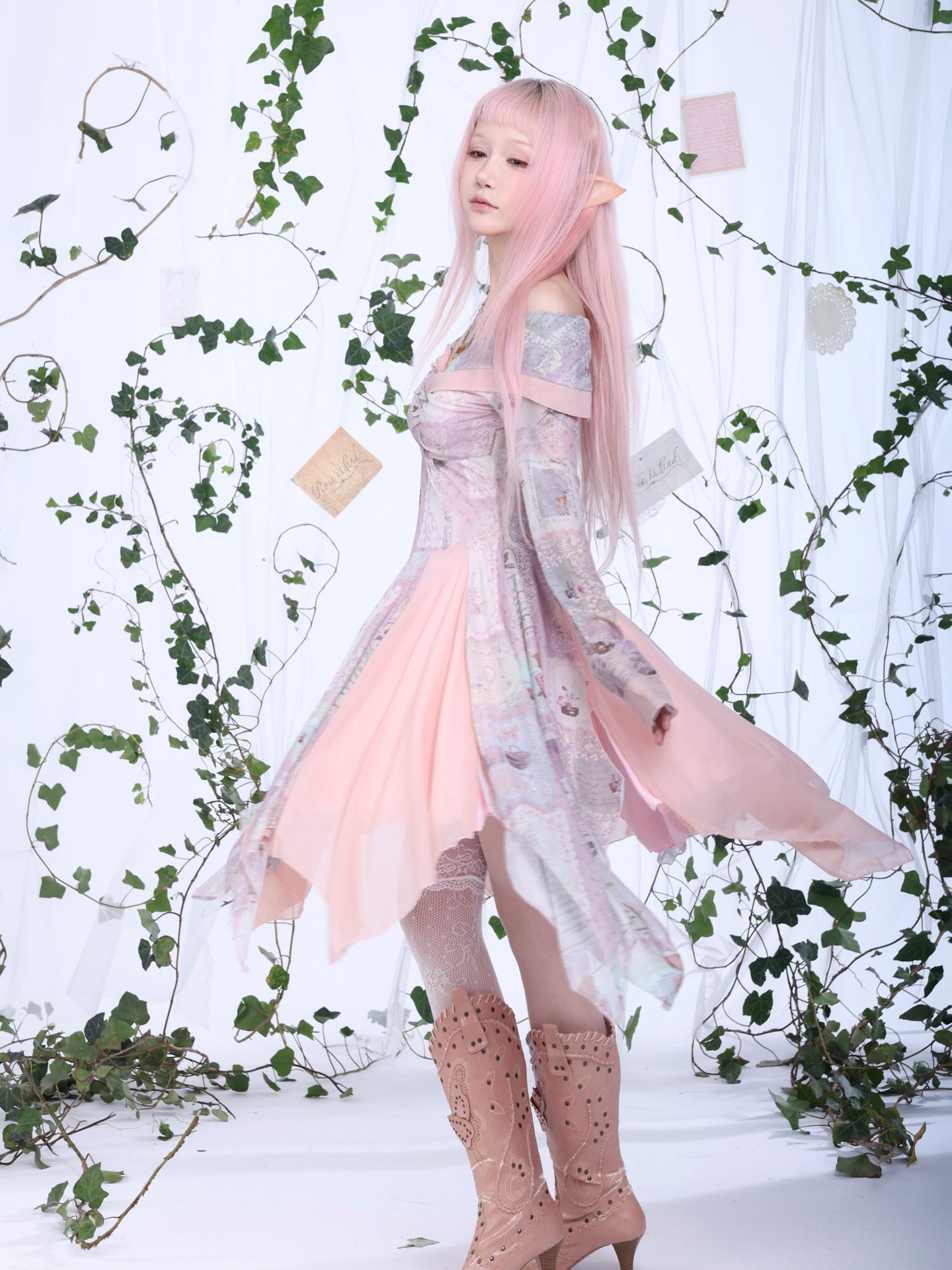 Rosé Isle Old-Time Letter Vintage Print Stretch Mesh Dress Off-Shoulder Irregular Spliced Hem
