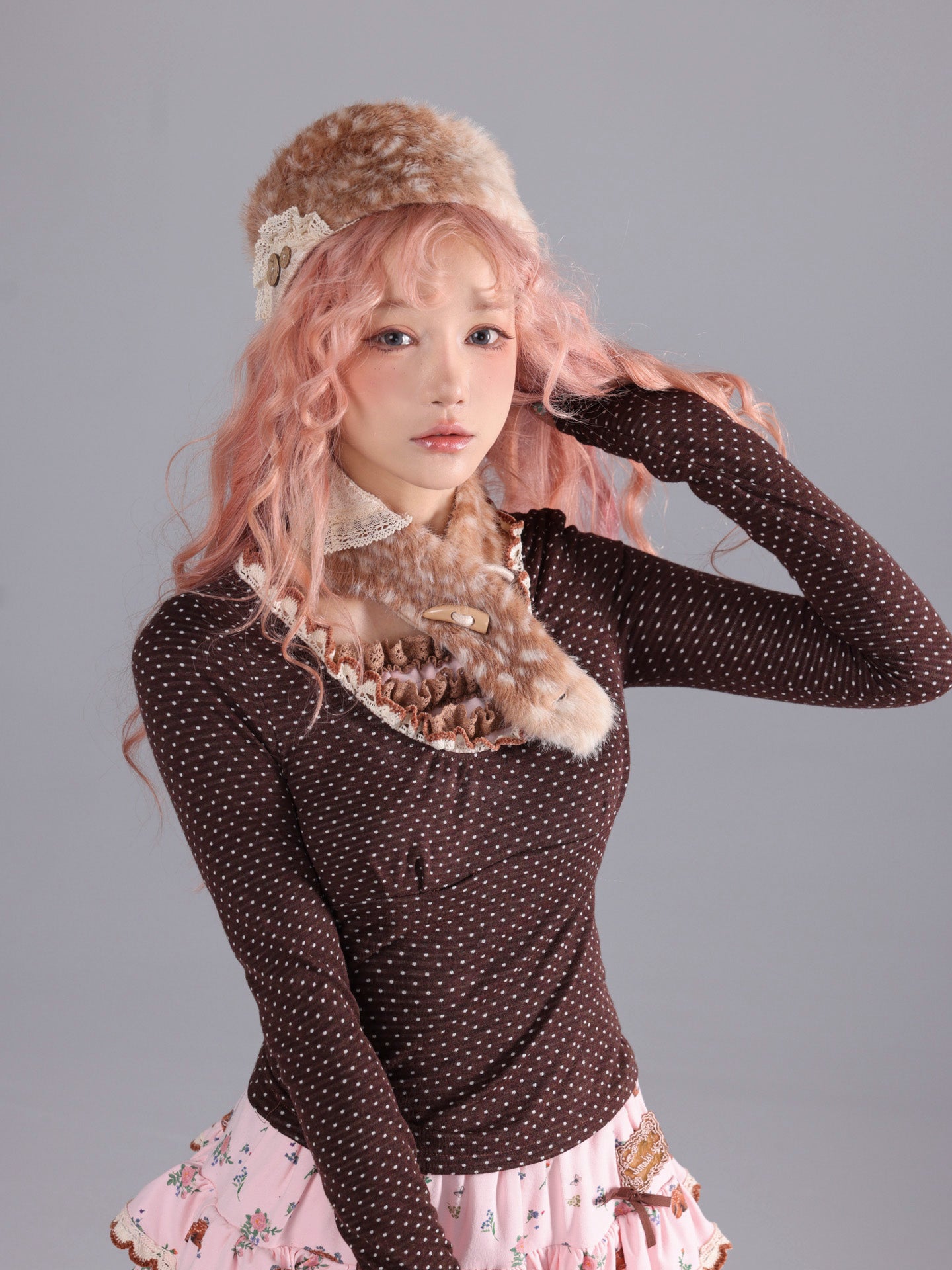 ROSE ISLAND Brown Polka Dot Knit Lace Splice Long-Sleeve Base Shirt for Autumn and Winter