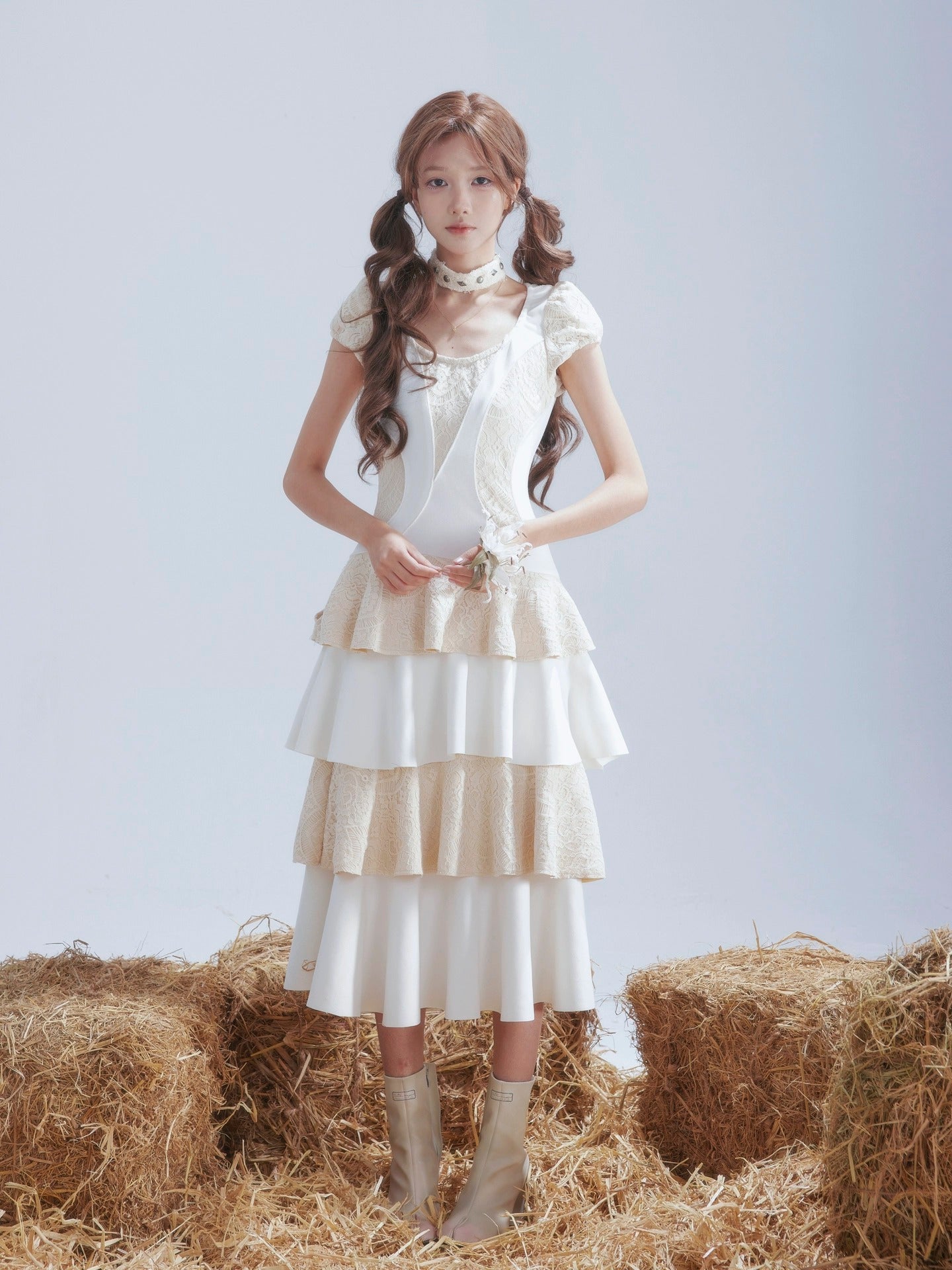 Rose Island Twin Sheep Irregular Suede Patchwork Lace Autumn and Winter Puff Sleeve Dress