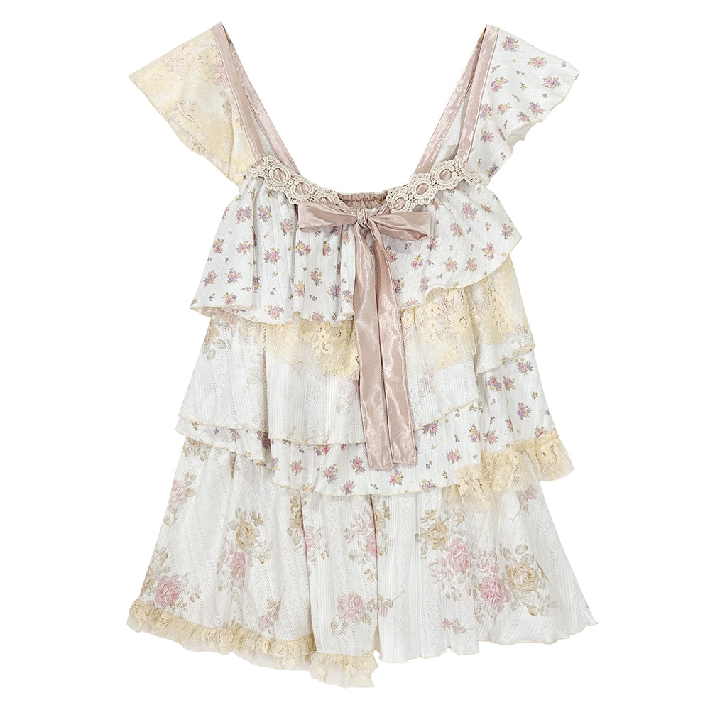 ROSE ISLAND Dried flower jar irregular patchwork layered girlish feeling floral flutter sleeve camisole Fairycore