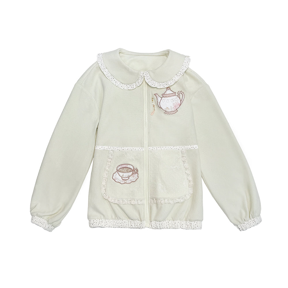 ROSE ISLAND Bubble Teapot Fake Apron Pocket Design Sense Loose Comfortable Doll Collar Cardigan Sweatshirt Jacket,matcha
