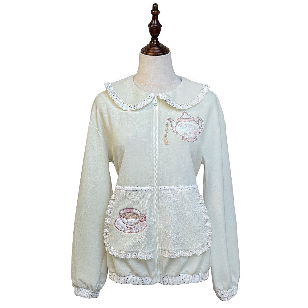 ROSE ISLAND Bubble Teapot Fake Apron Pocket Design Sense Loose Comfortable Doll Collar Cardigan Sweatshirt Jacket,matcha