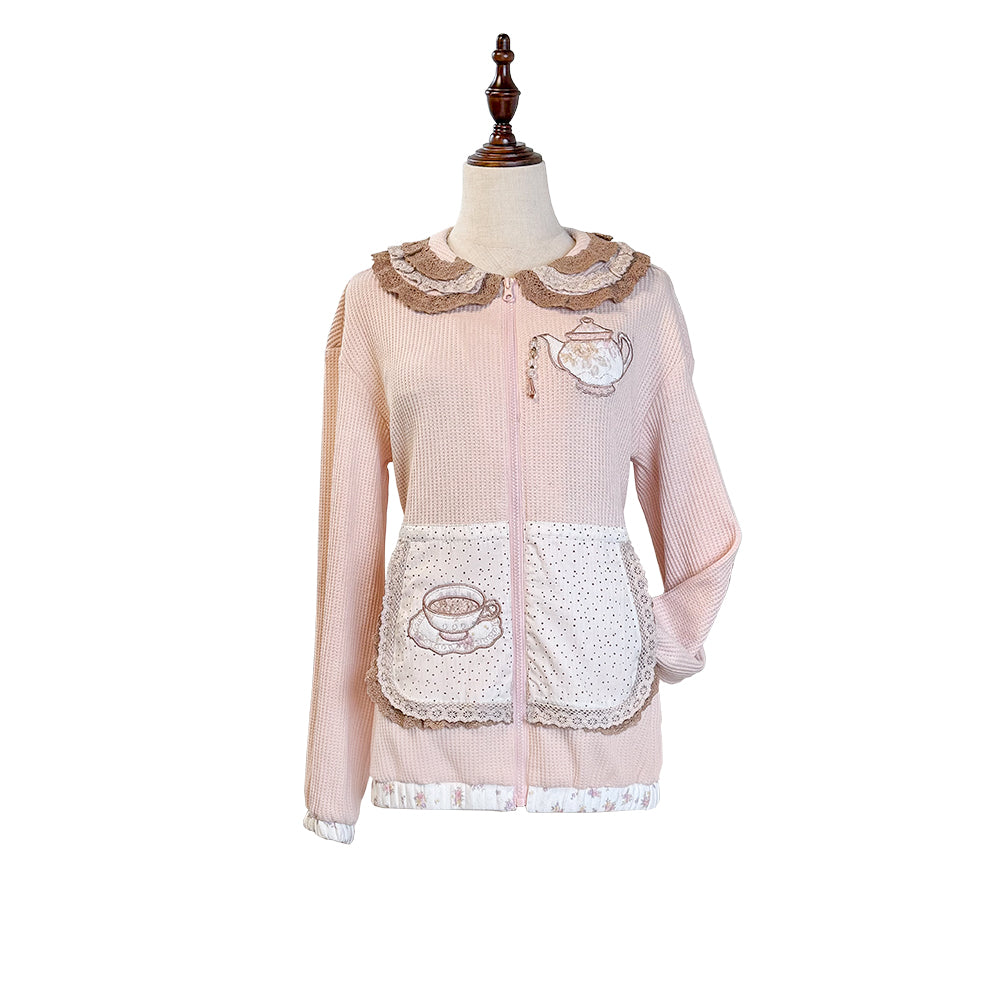 ROSE ISLAND Bubble Teapot Faux Apron Pocket Design, Loose and Comfortable Doll Collar Cardigan Sweatshirt Jacket,Floral Tea