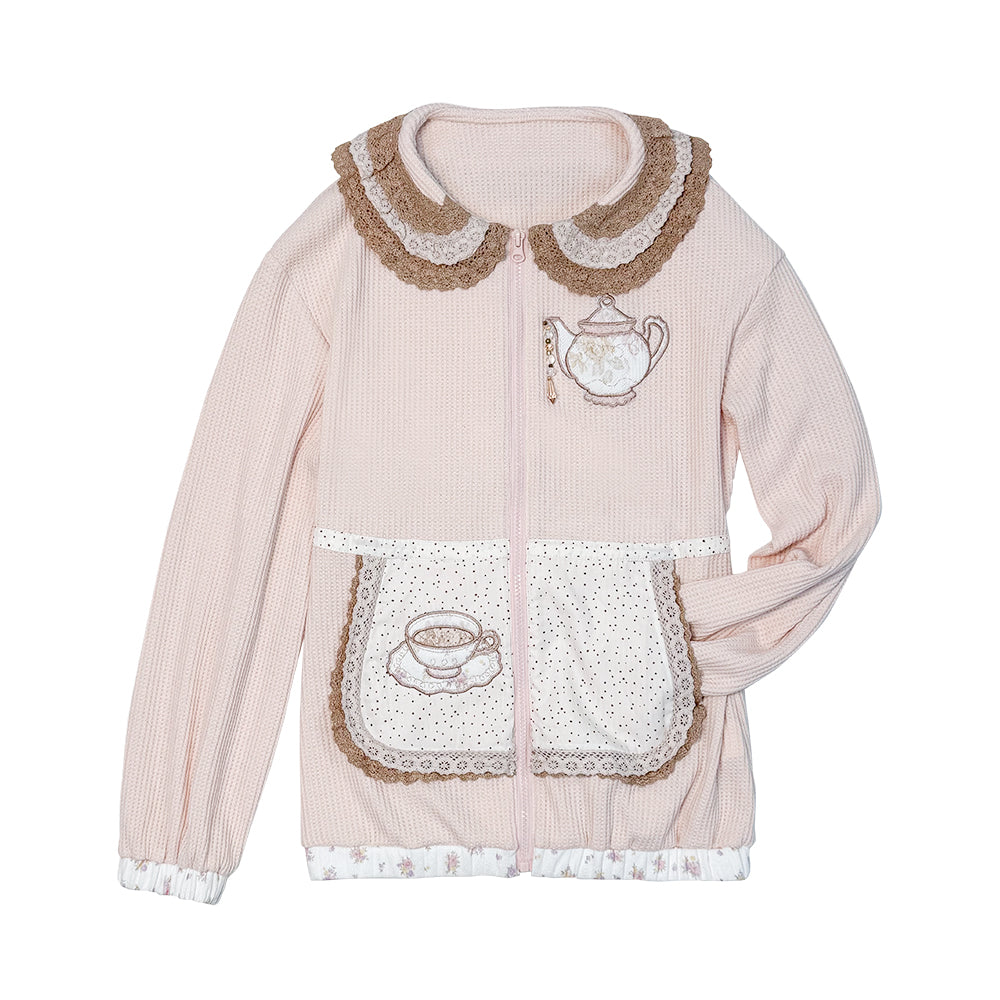 ROSE ISLAND Bubble Teapot Faux Apron Pocket Design, Loose and Comfortable Doll Collar Cardigan Sweatshirt Jacket,Floral Tea