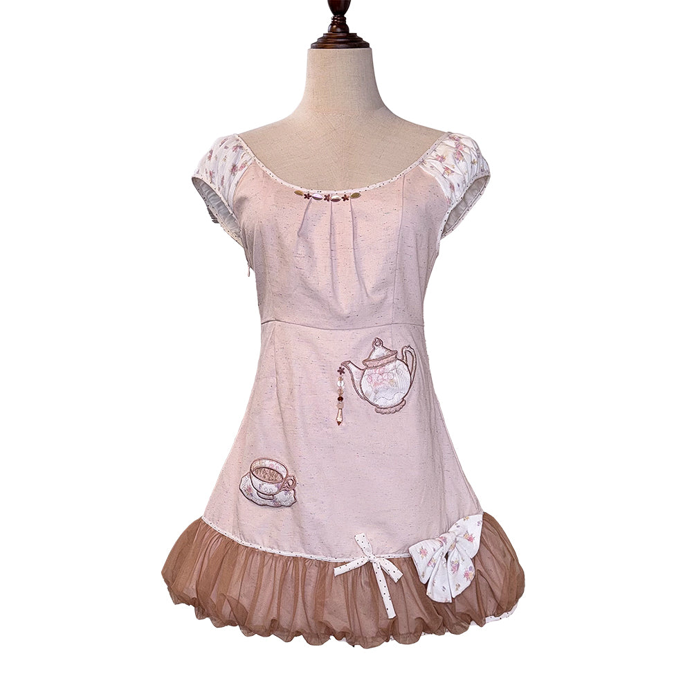 ROSE ISLAND Vanilla Strong Tea Spring Feeling Heavy Embroidery Floral Teapot Applique Hand-Sewn Beads and Sequins Dress