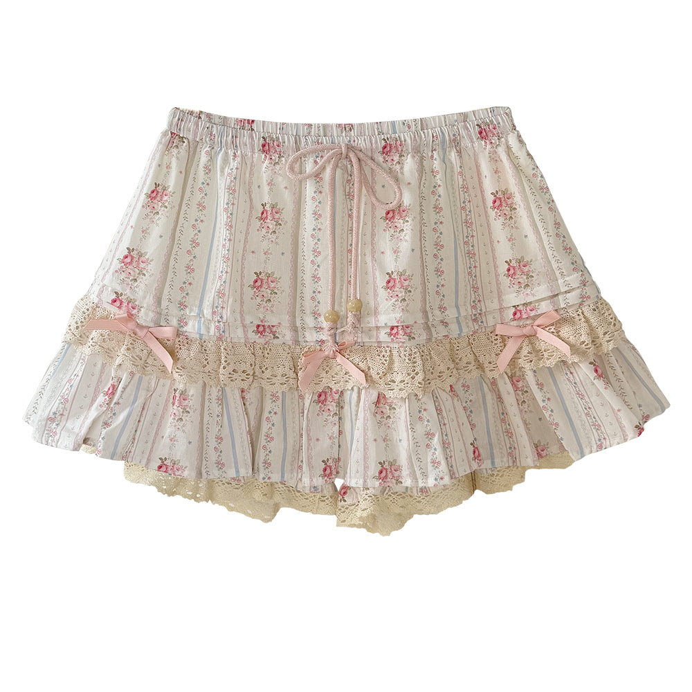 ROSE ISLAND Spring Bouquet Forest-Style Lace Floral Print Cotton Skirt Anti-Exposure Bloomers