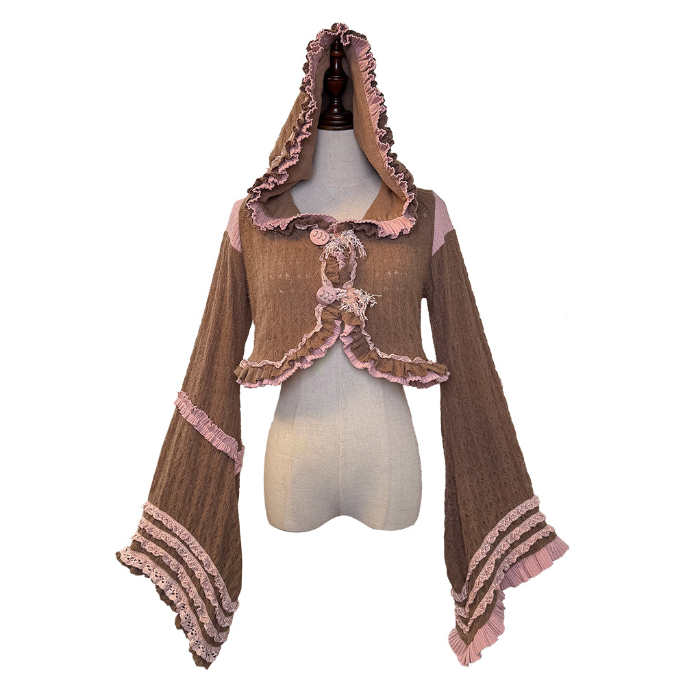 ROSE ISLAND The Witch of Naples, Flared Hat with Frilled Edges, Large Sleeve Cardigan, Plush Lace Coat