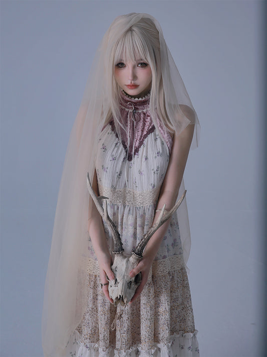 【ROSE ISLAND】Elf Vine Embroidery Hanging Neck Splicing Floral Dress  Fairycore