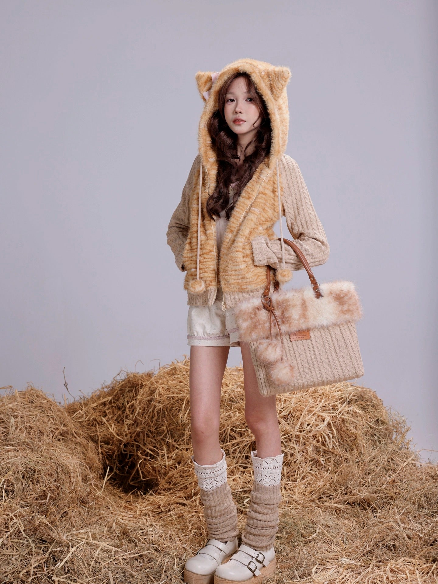 Rose Island warm orange tabby fur patchwork knitted slim-fit hooded jacket, cute and unique original design