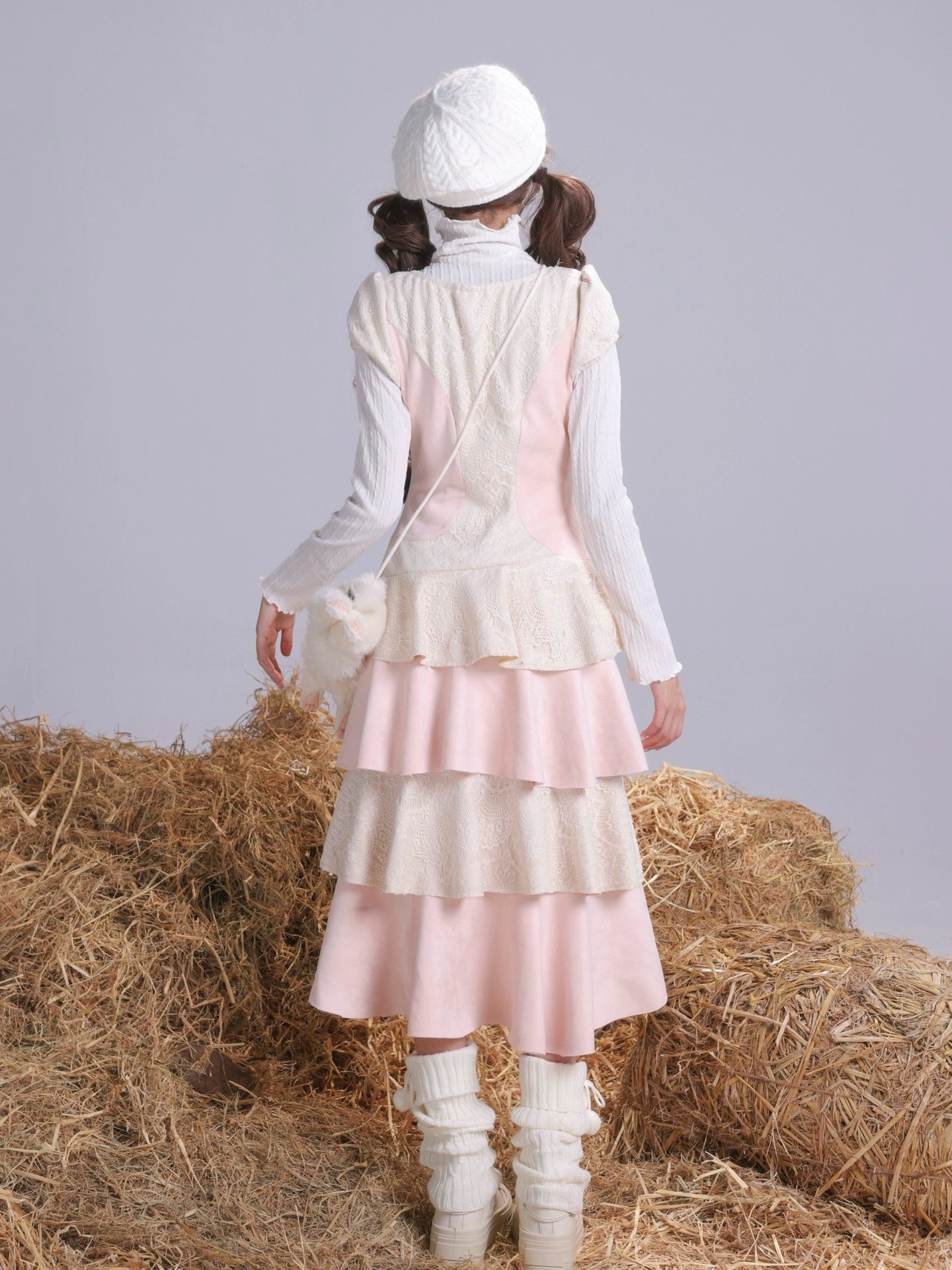 Rose Island Twin Sheep Irregular Suede Patchwork Lace Autumn and Winter Puff Sleeve Dress