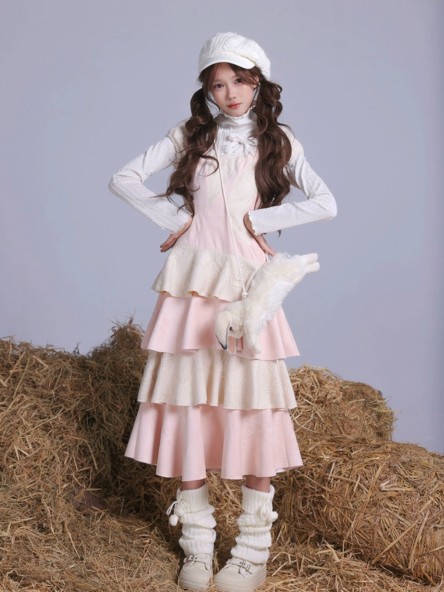 Rose Island Twin Sheep Irregular Suede Patchwork Lace Autumn and Winter Puff Sleeve Dress